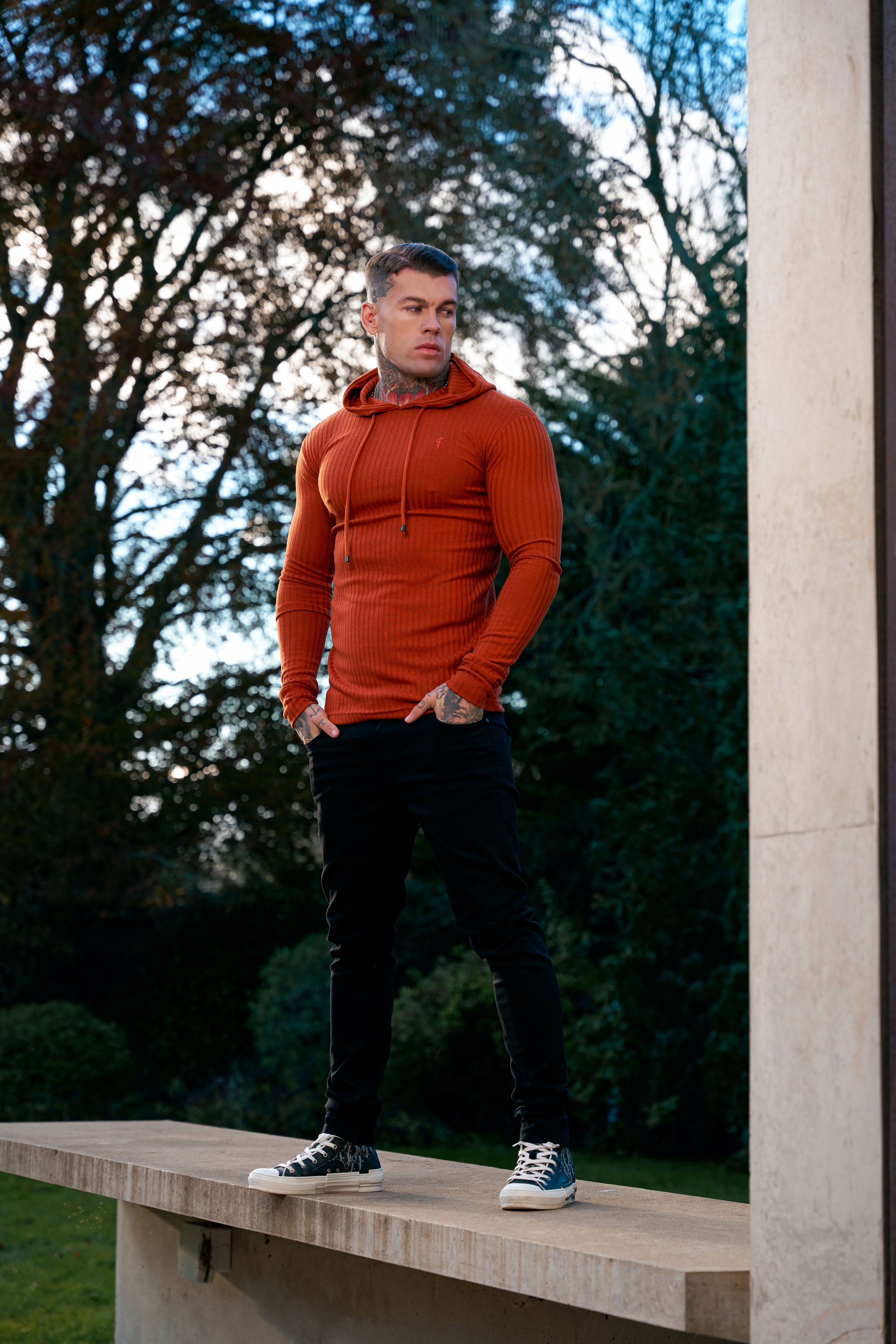 Classic Rust Ribbed Knit Hoodie Jumper - FSH910