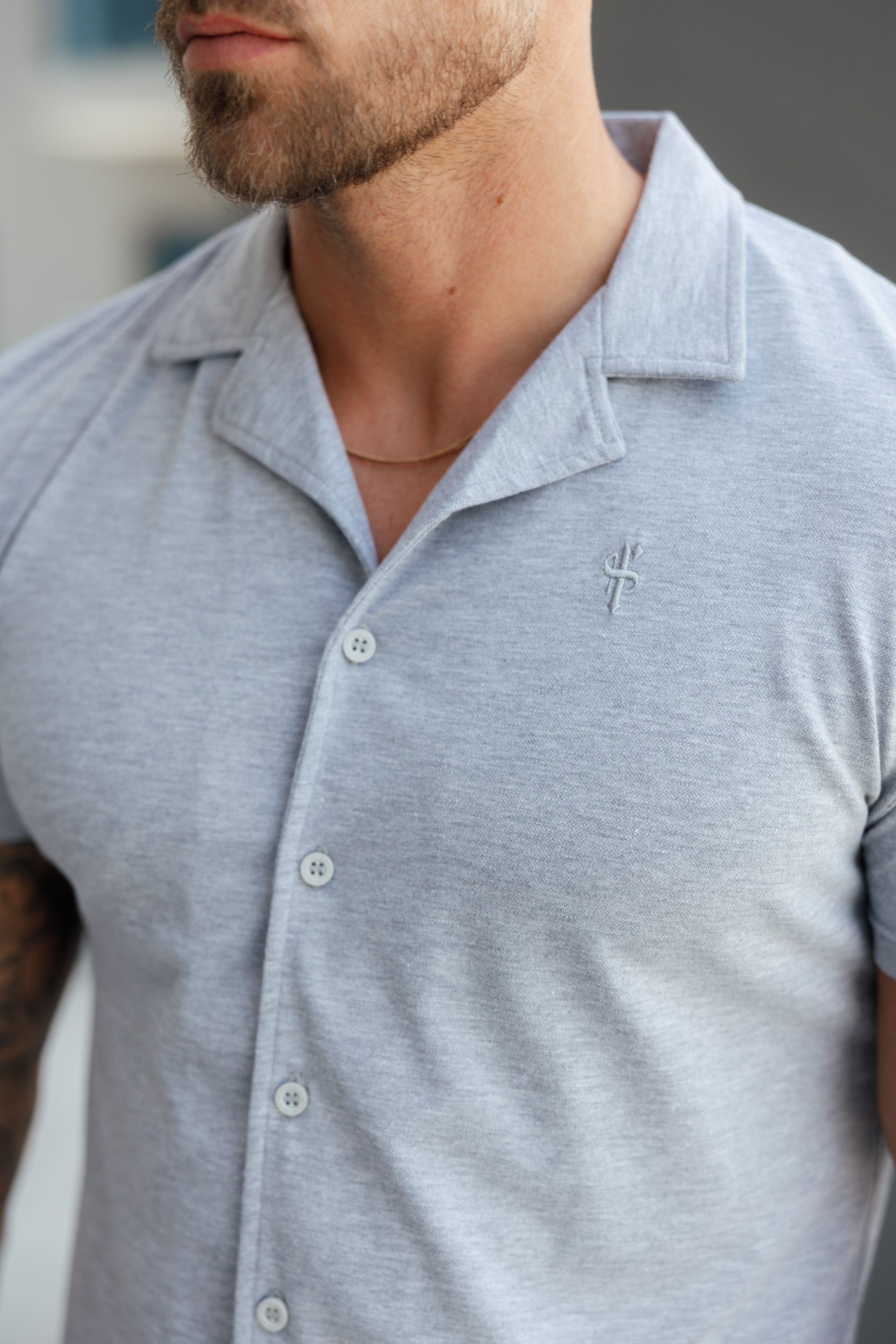 Stretch Light Grey Pique Revere Shirt Short Sleeve - FSH1072