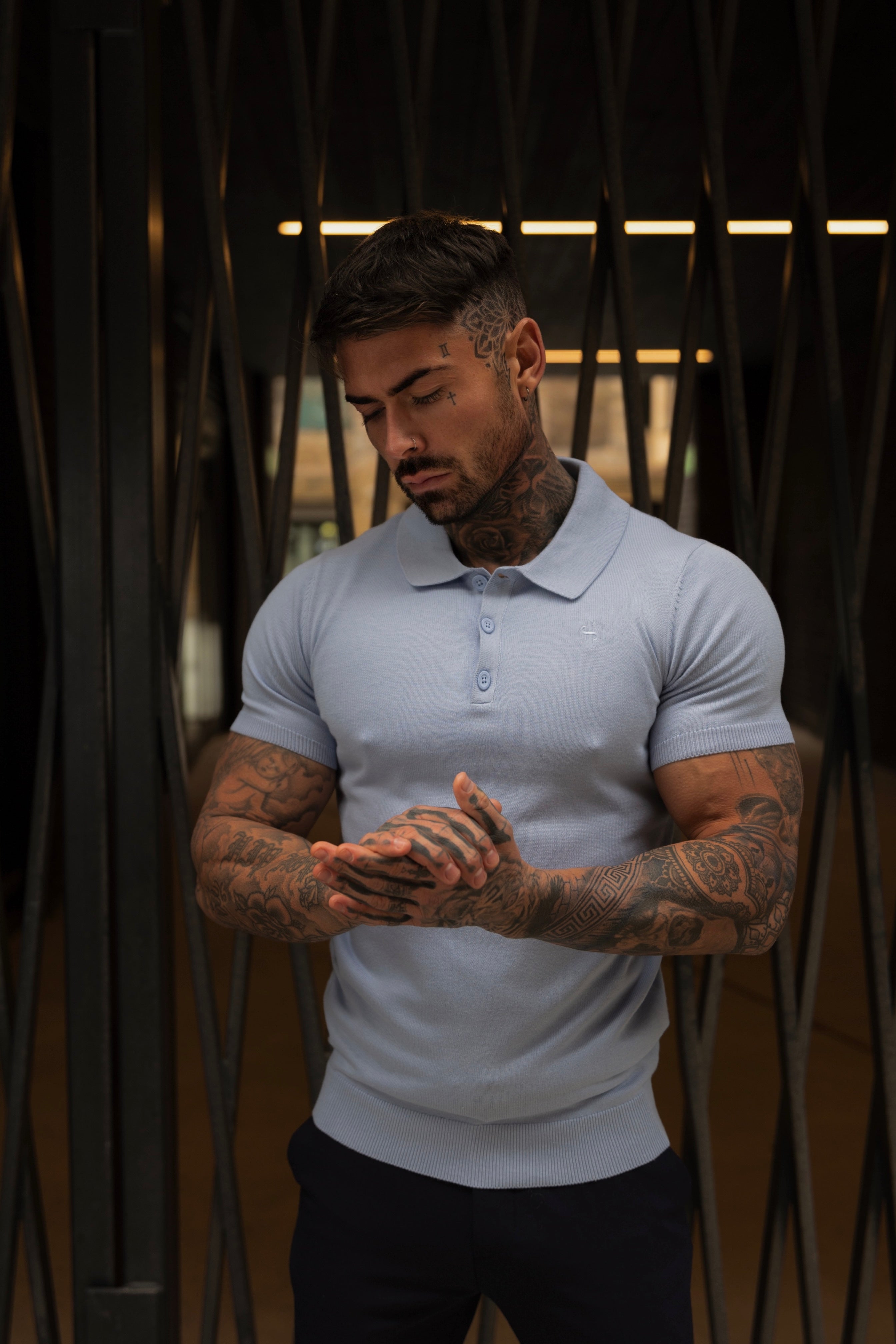 Classic Pale Blue Knitted Polo Jumper Short Sleeve With Tonal FS Embroidery- FSN146