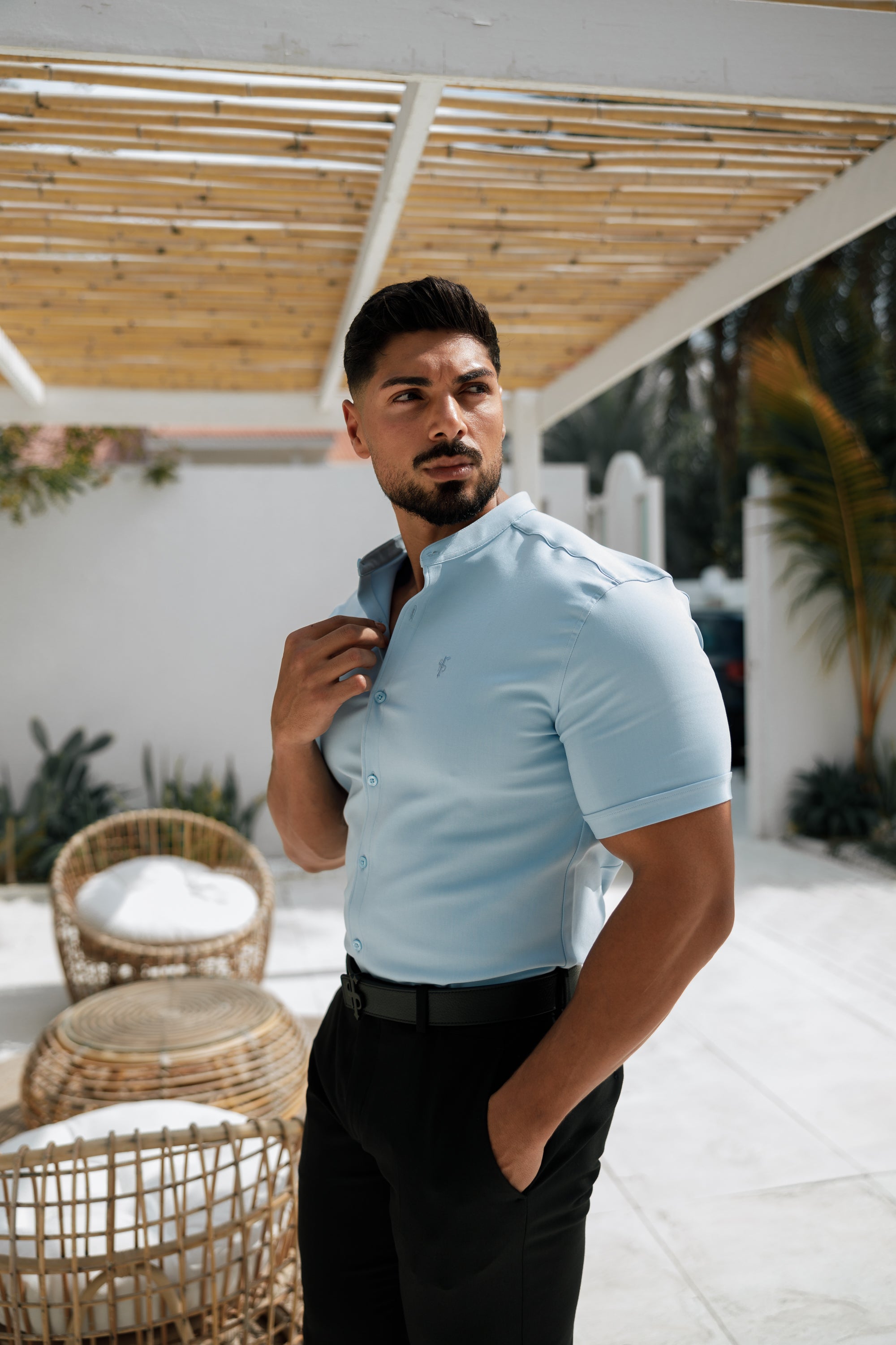 Super Slim Scuba Light Blue Short Sleeve Stretch With Grandad Collar Shirt - FS1003