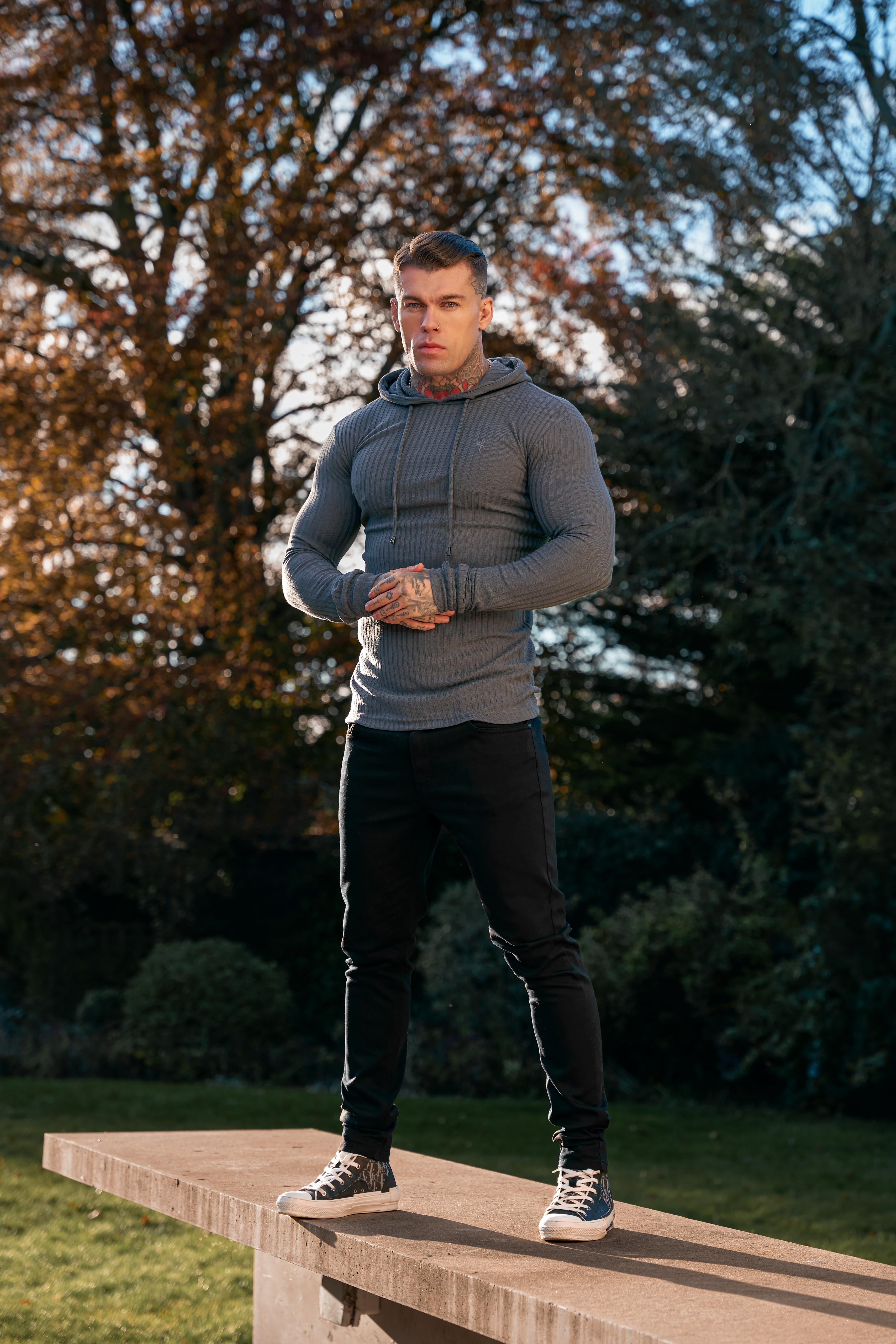 Classic Dark Grey Ribbed Knit Hoodie Jumper - FSH906