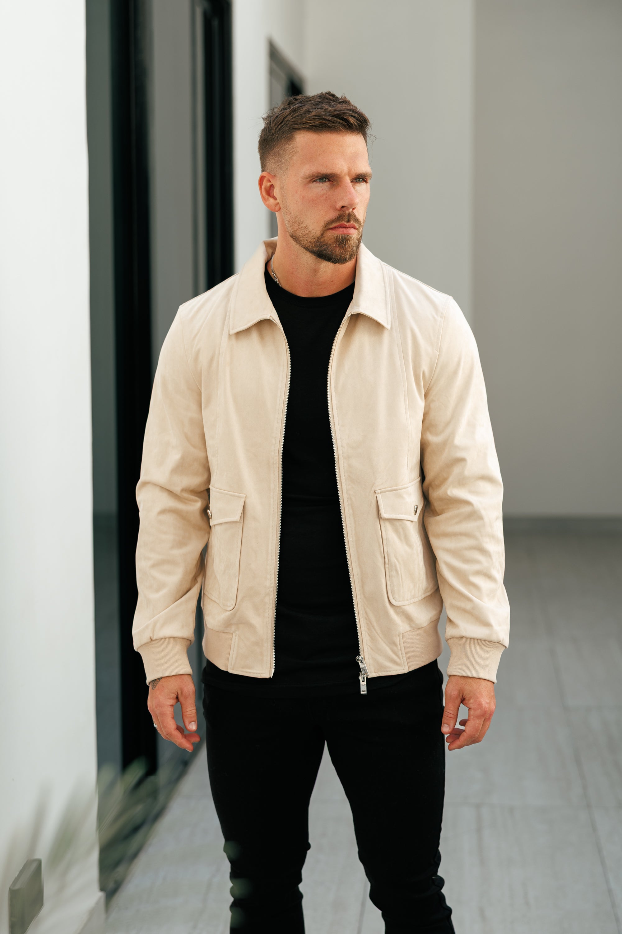 Suede Feel Beige Bomber Jacket - FSN228