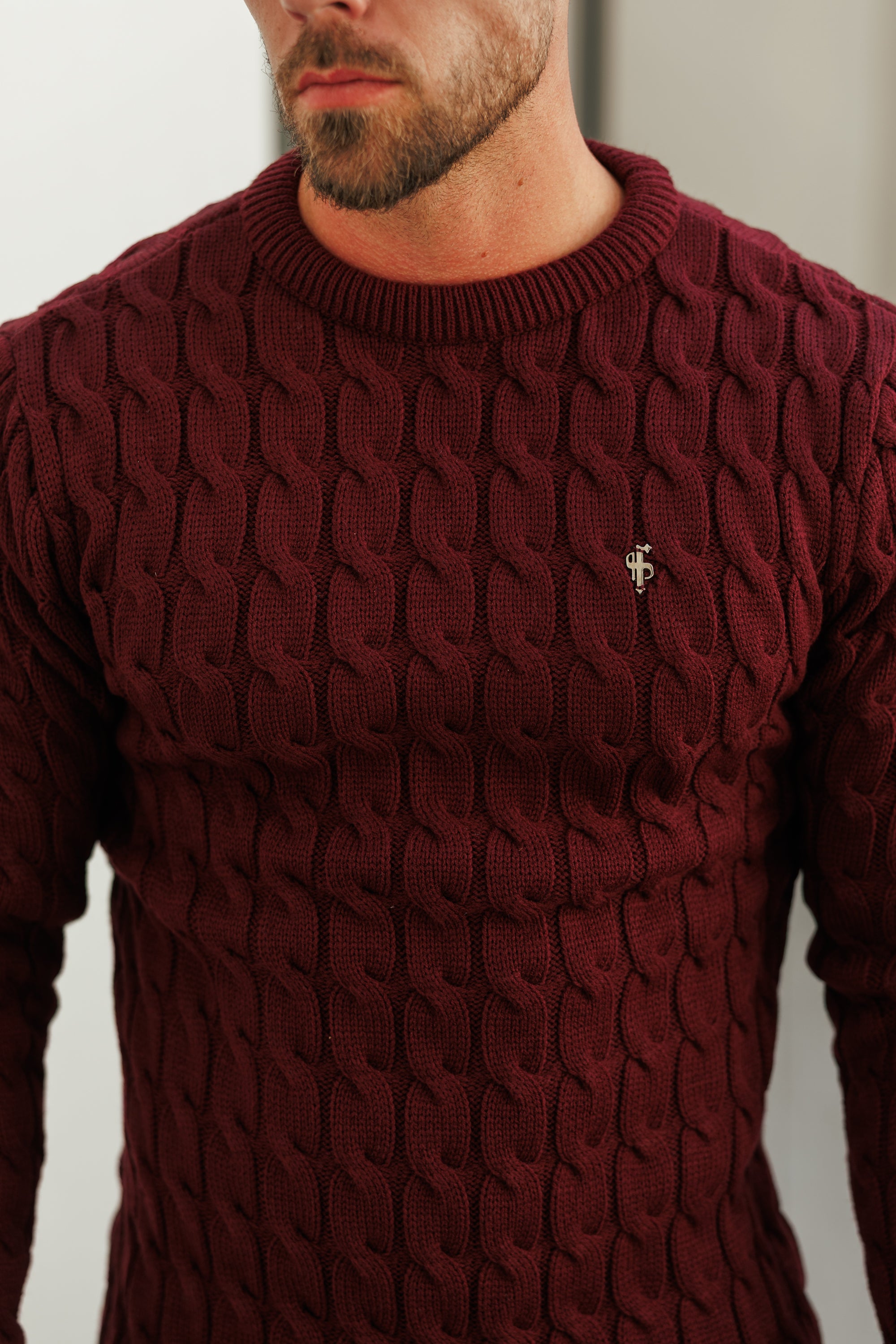 Link Weave Knit Wine Crew Neck Jumper - FSJ131