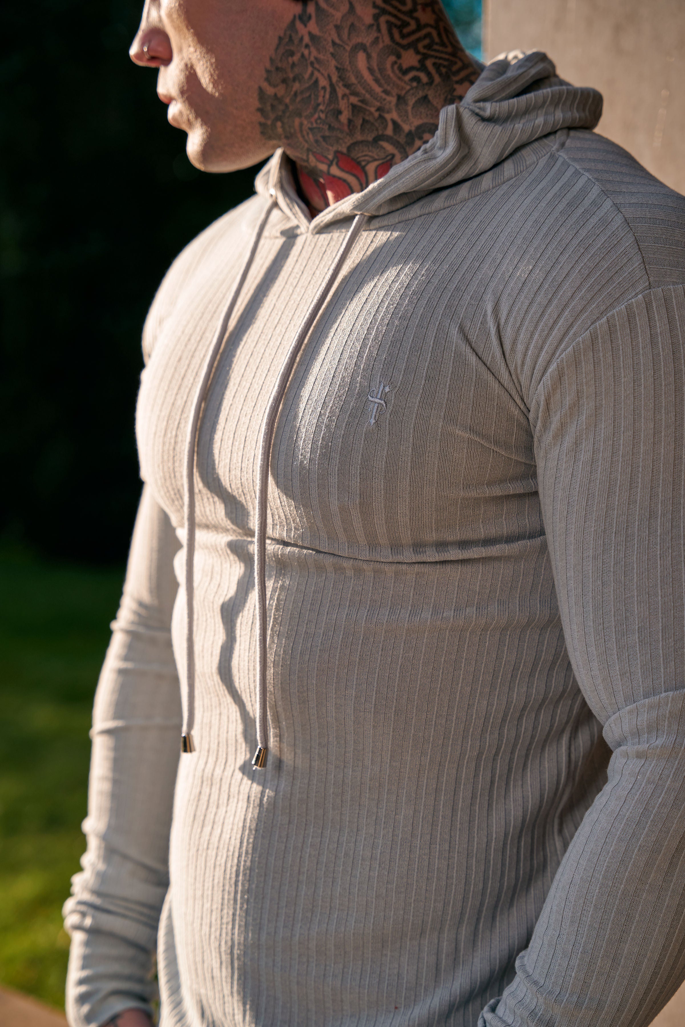 Classic Light Grey Ribbed Knit Hoodie Jumper - FSH905
