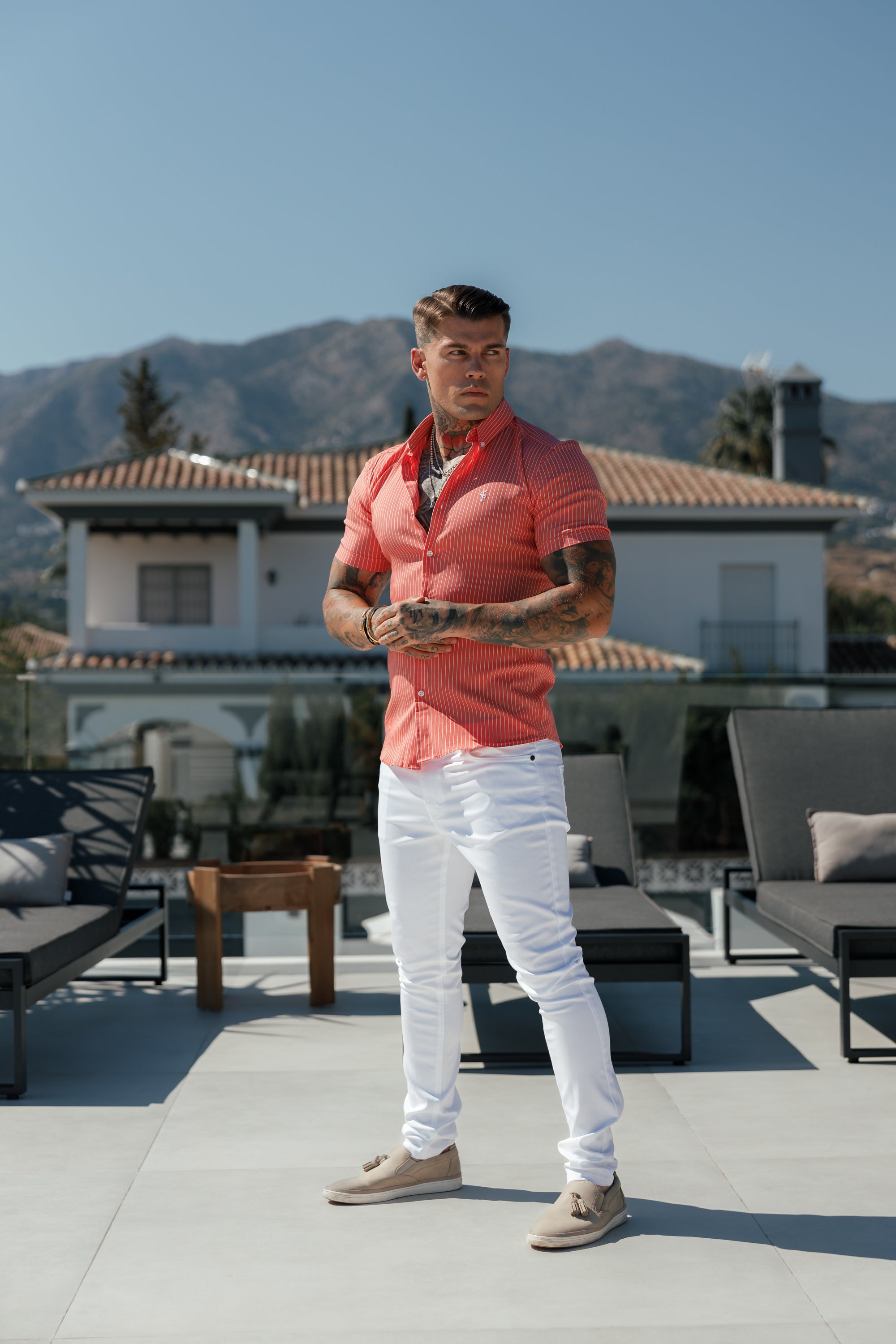 Super Slim Stretch Coral Printed Pinstripe Short Sleeve with Button Down Collar - FS1062