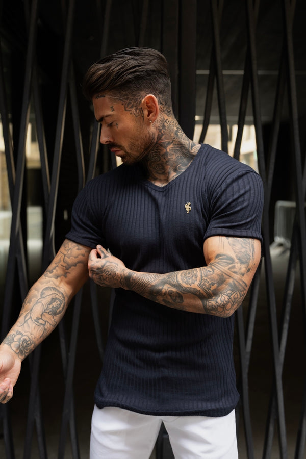 Father Sons Classic Navy / Gold Ribbed Knit Super Slim Short Sleeve Crew - FSH1083 (PRE ORDER 17TH MAY)