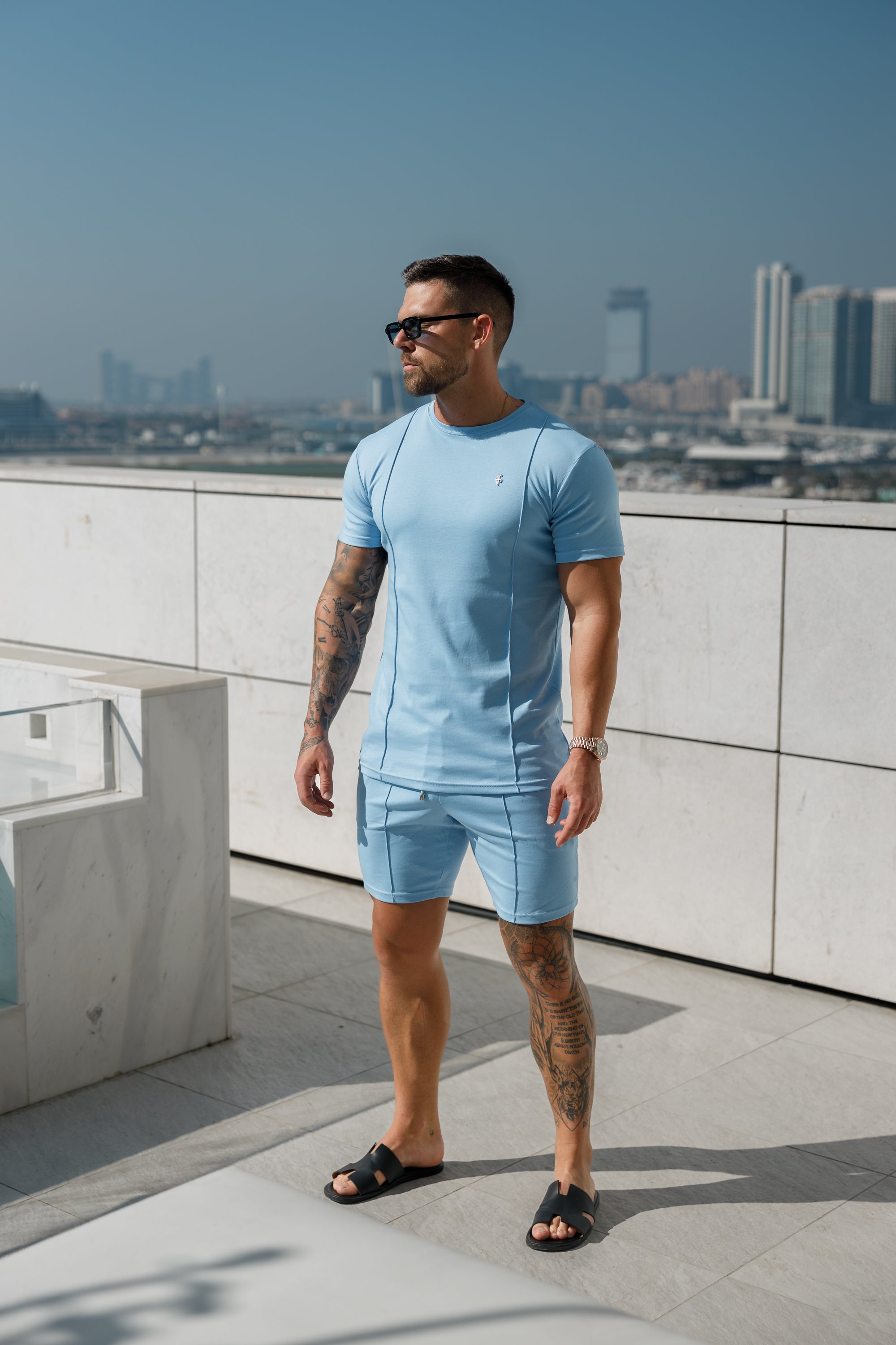 Light Blue / Silver Crew T Shirt With Pintuck Detail - FSH1051