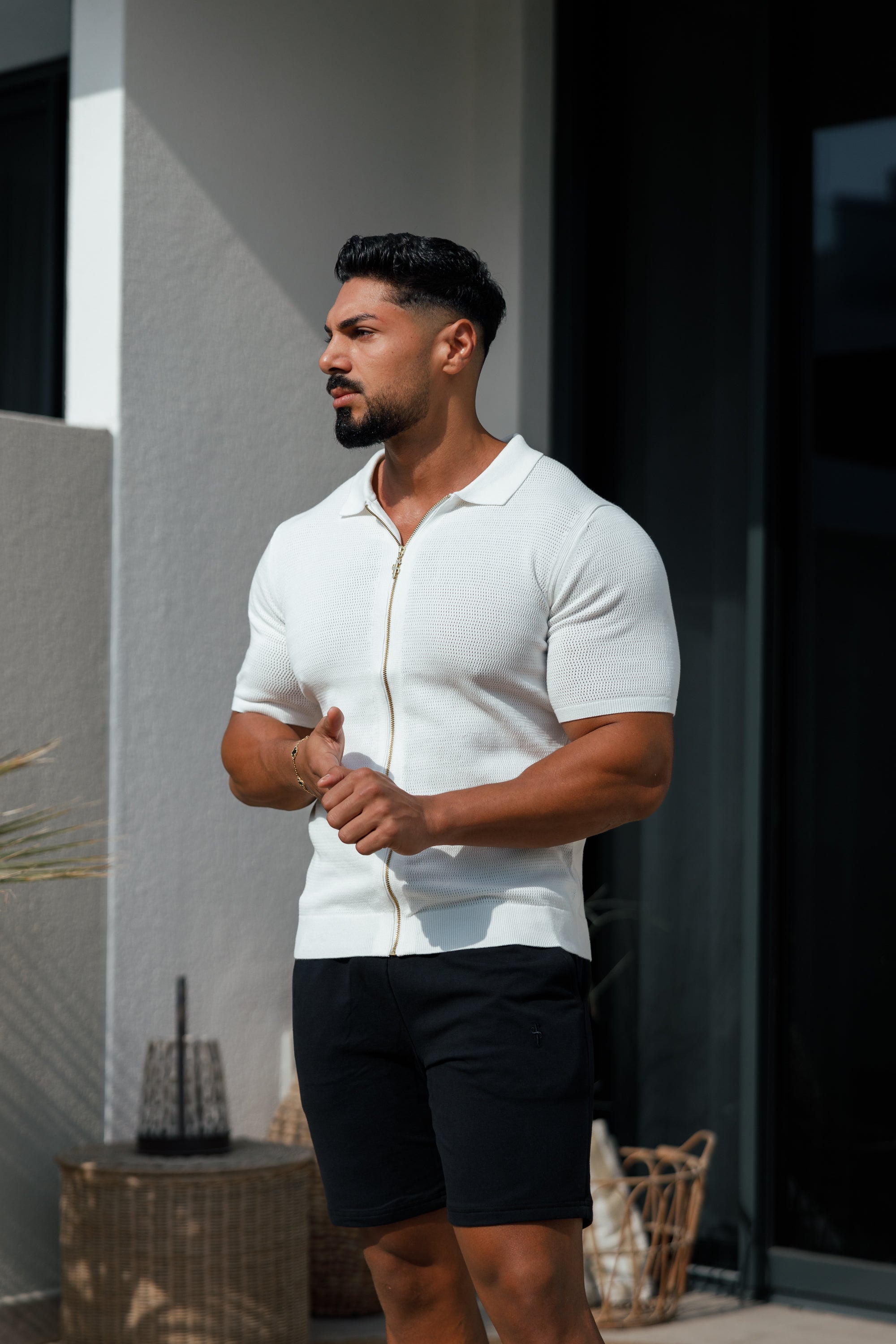 Classic Knitted Textured Design With Full Length Zip Off White Short Sleeve - FSN152