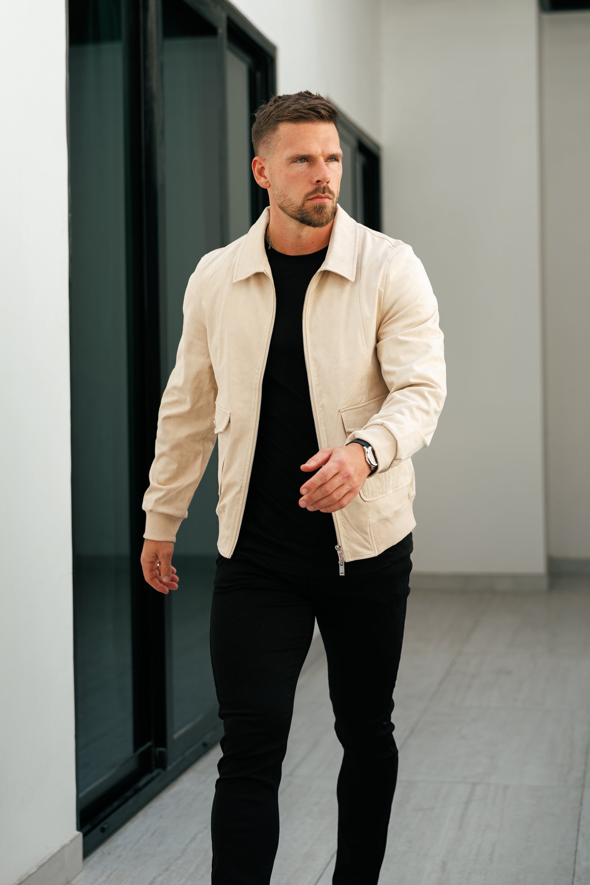 Suede Feel Beige Bomber Jacket - FSN228