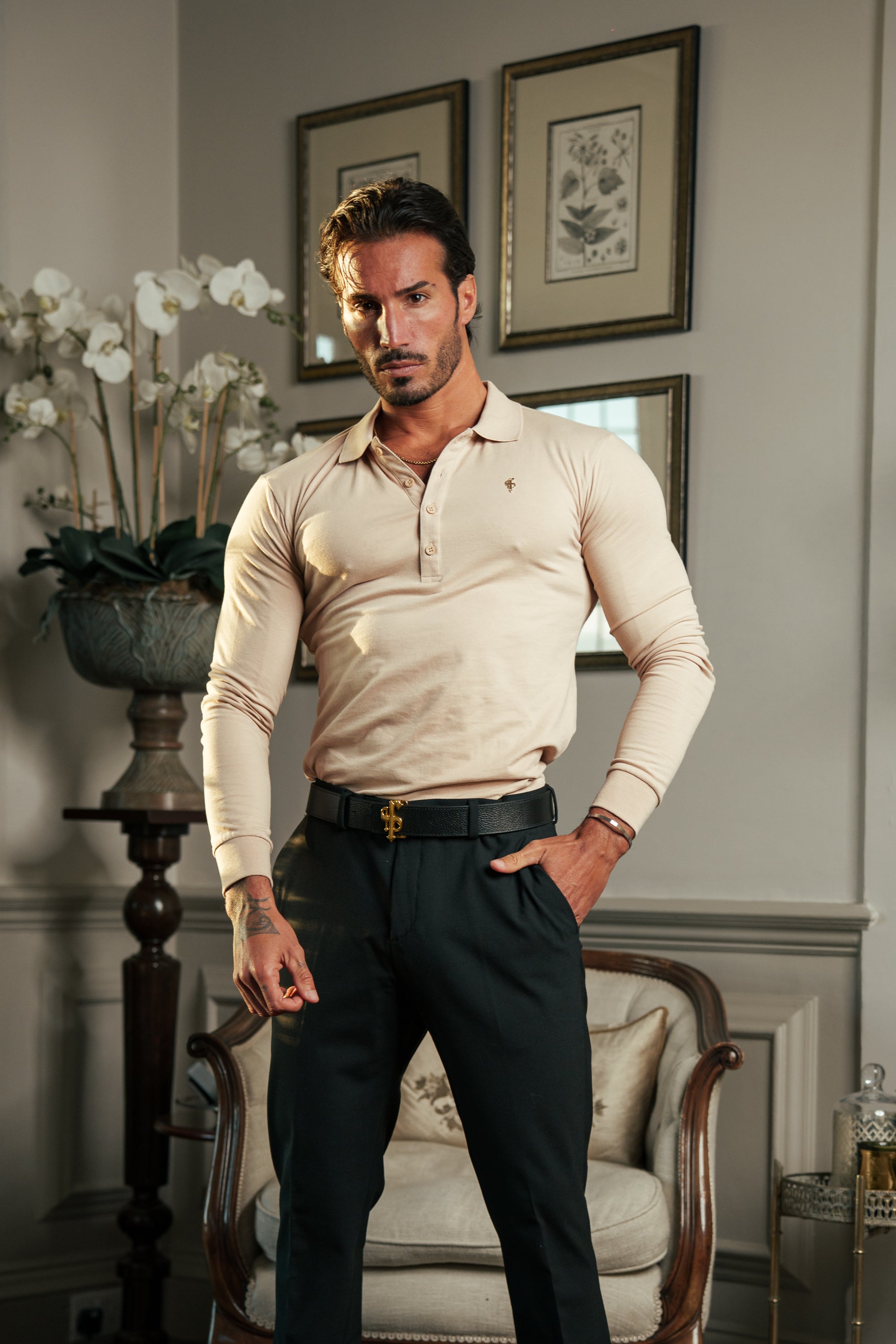 Beige / Gold Polo Shirt Long Sleeve - FSH1402