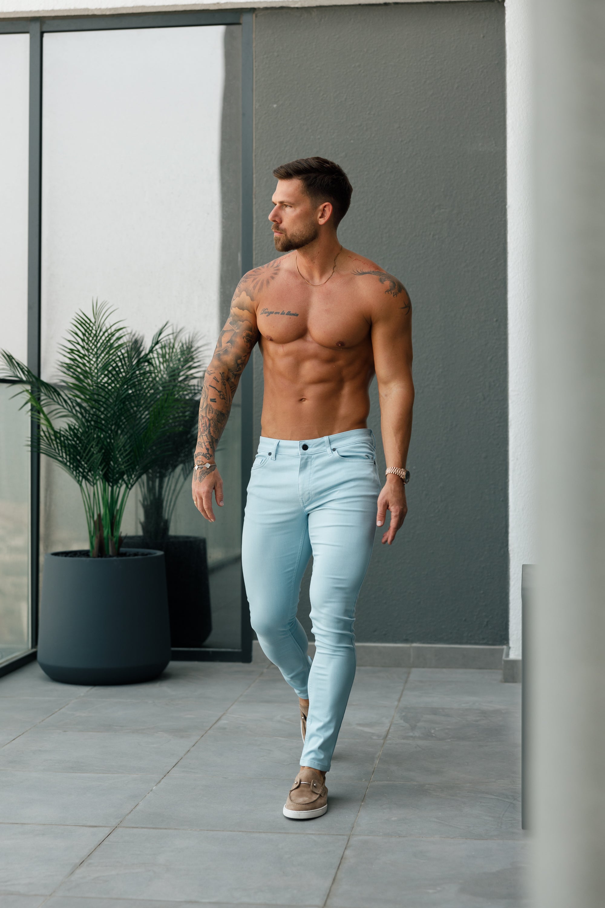 Slim Stretch Pale Blue Sateen Trousers - FSH1147