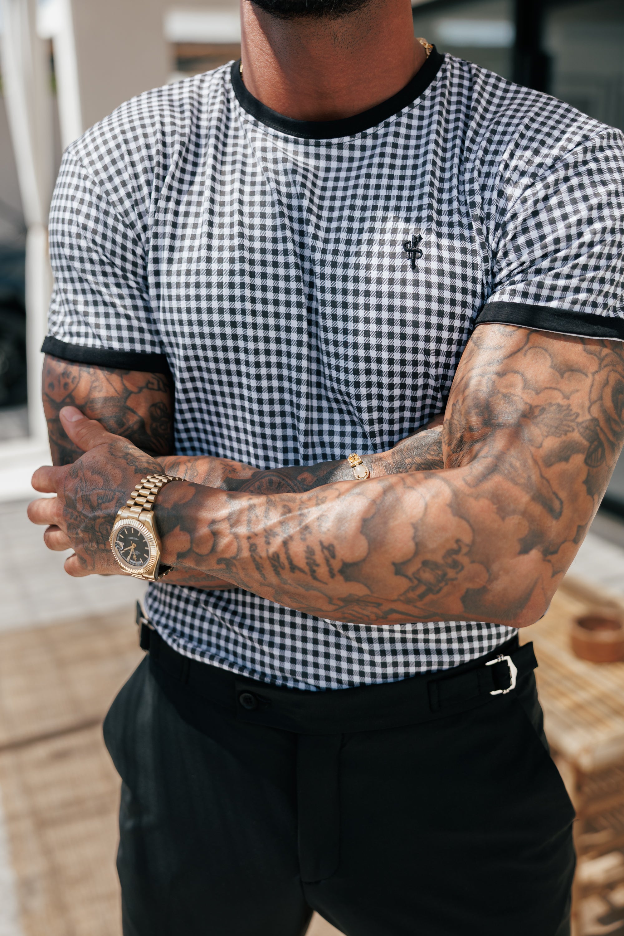 Printed Black / White Check Fitted T Shirt - FSH1238