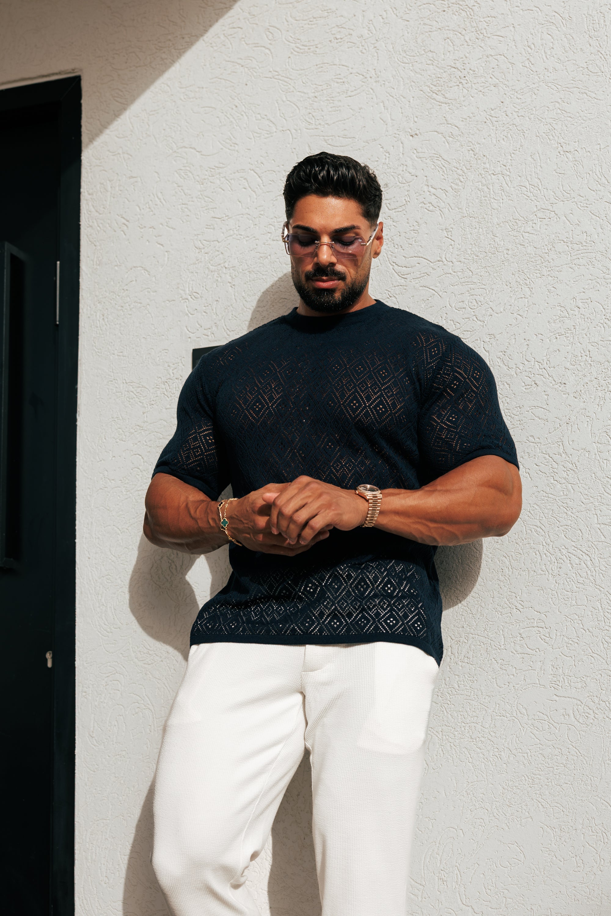 Crochet Crew T-Shirt Navy Short Sleeve - FSJ090