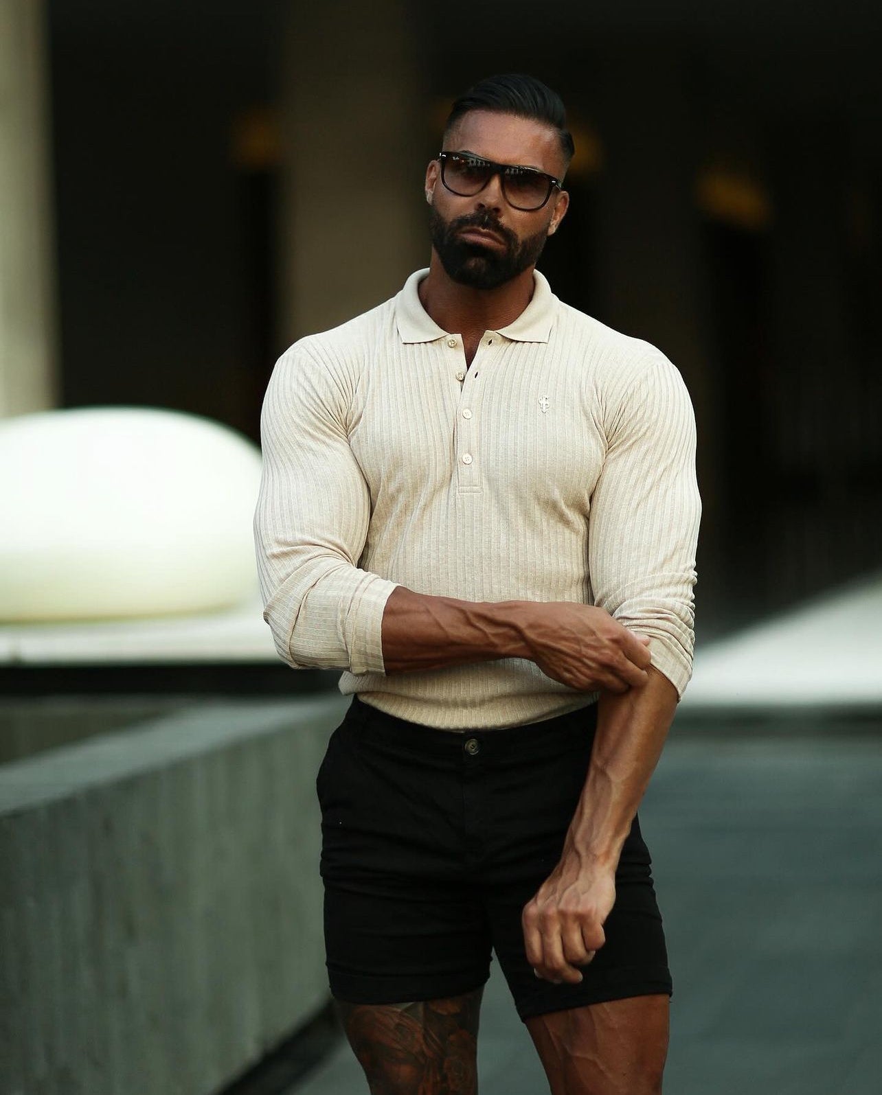 Classic Beige Ribbed Polo Shirt Long Sleeve With Gold Decal - FSH969