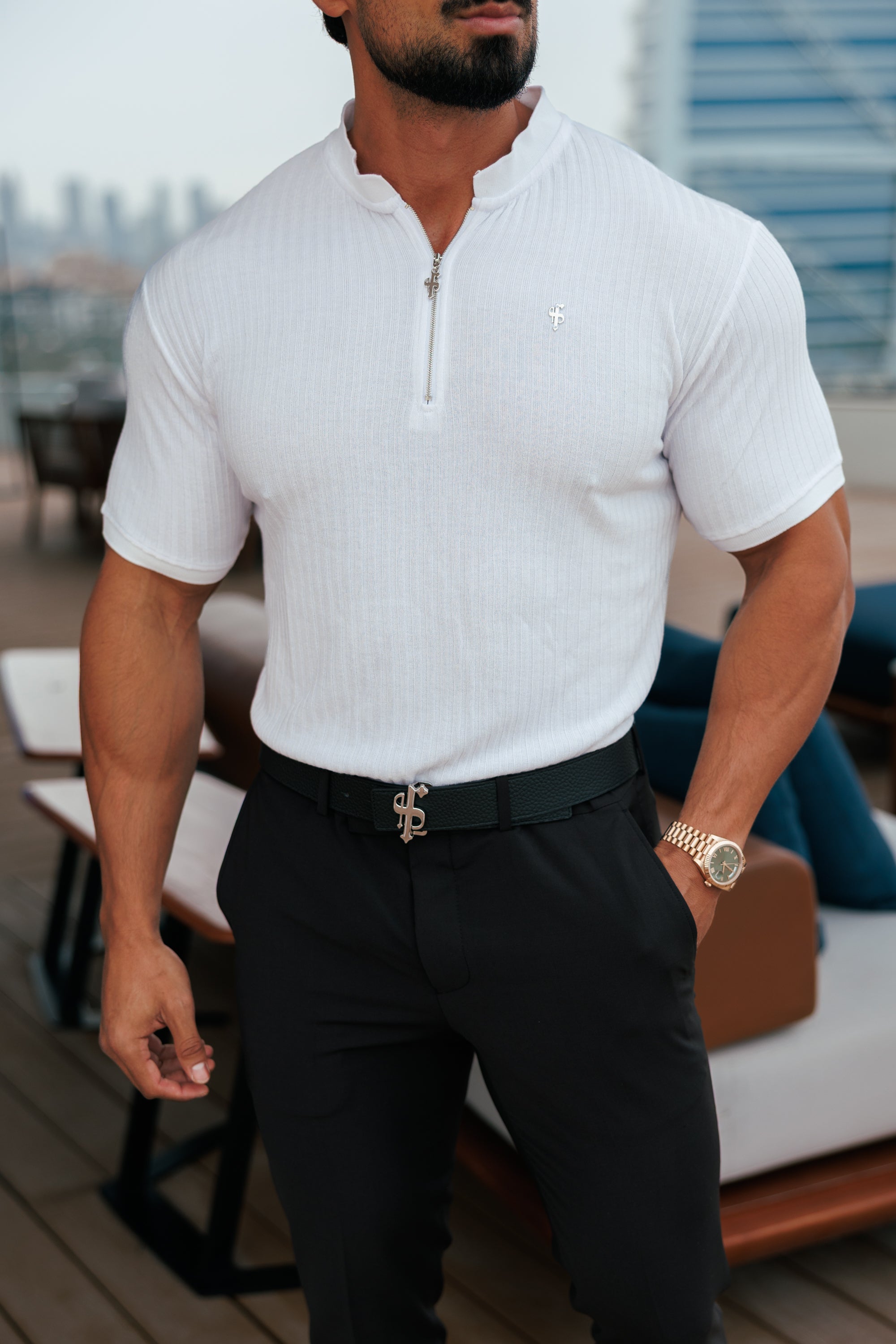 Classic White / Silver Ribbed Zip Grandad Collar Shirt Short Sleeve - FSH1447