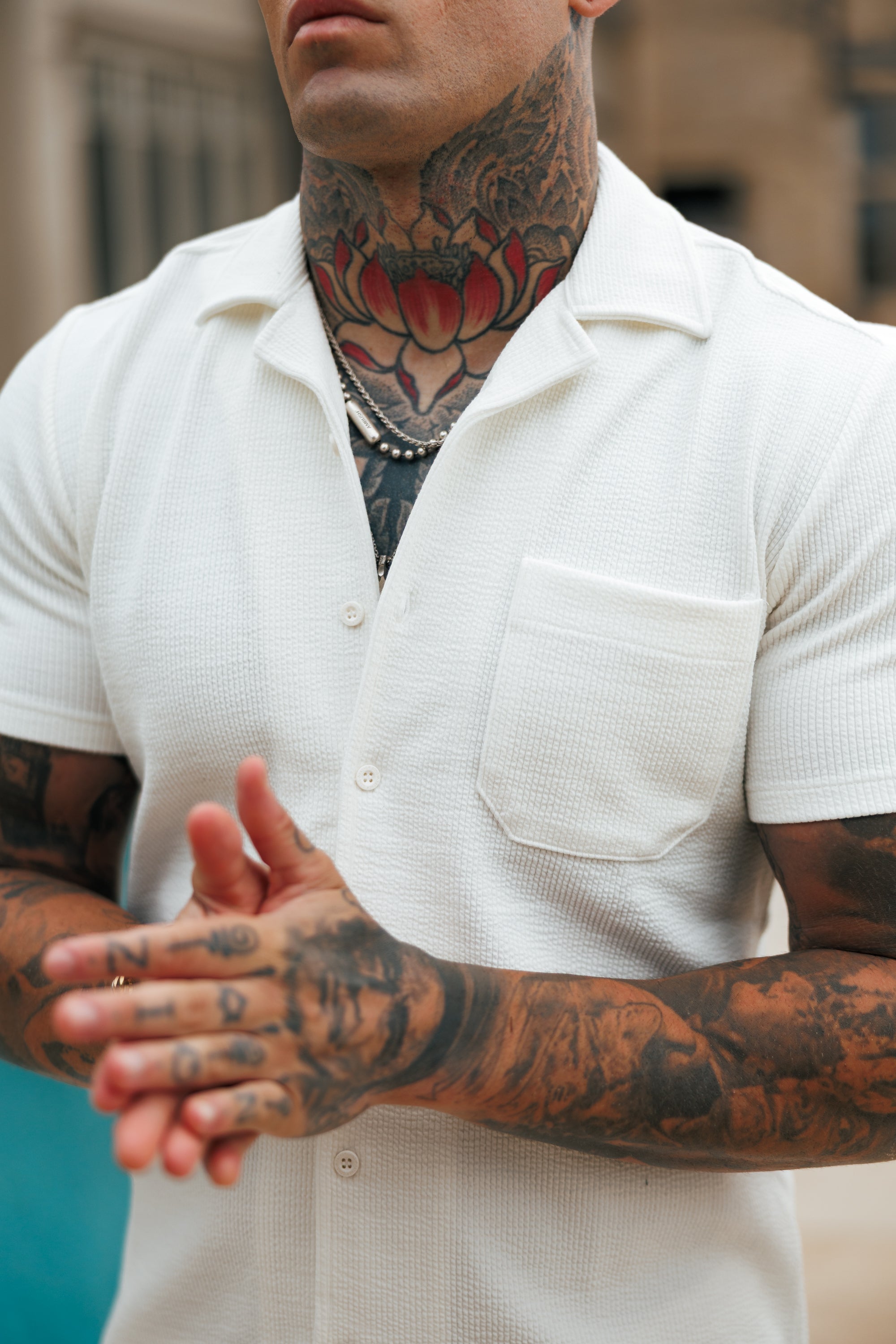 Jersey Cord Stretch White Revere Shirt Short Sleeve - FSR017