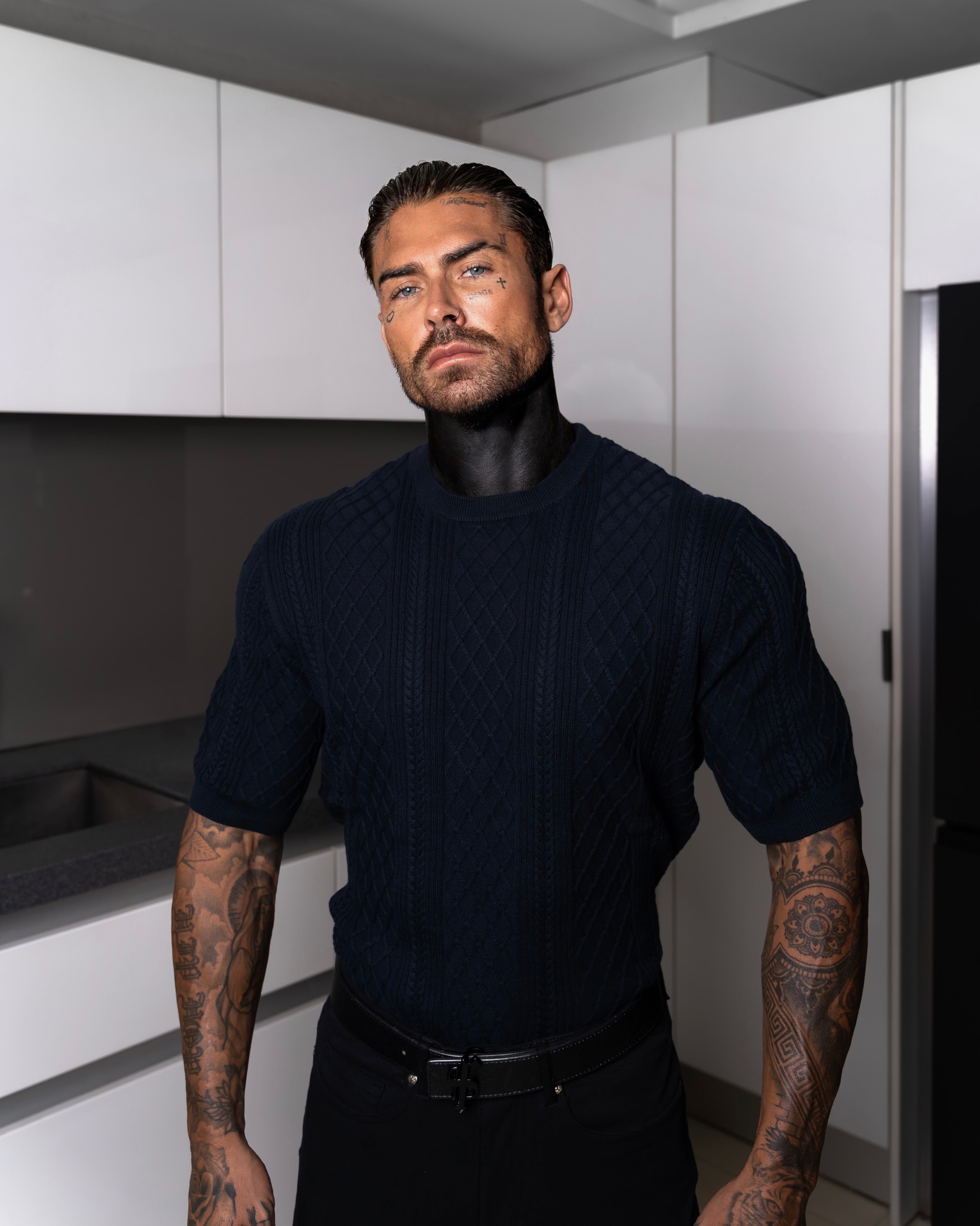 Fine Knit Diamond Navy Jumper Short Sleeve - FSA011