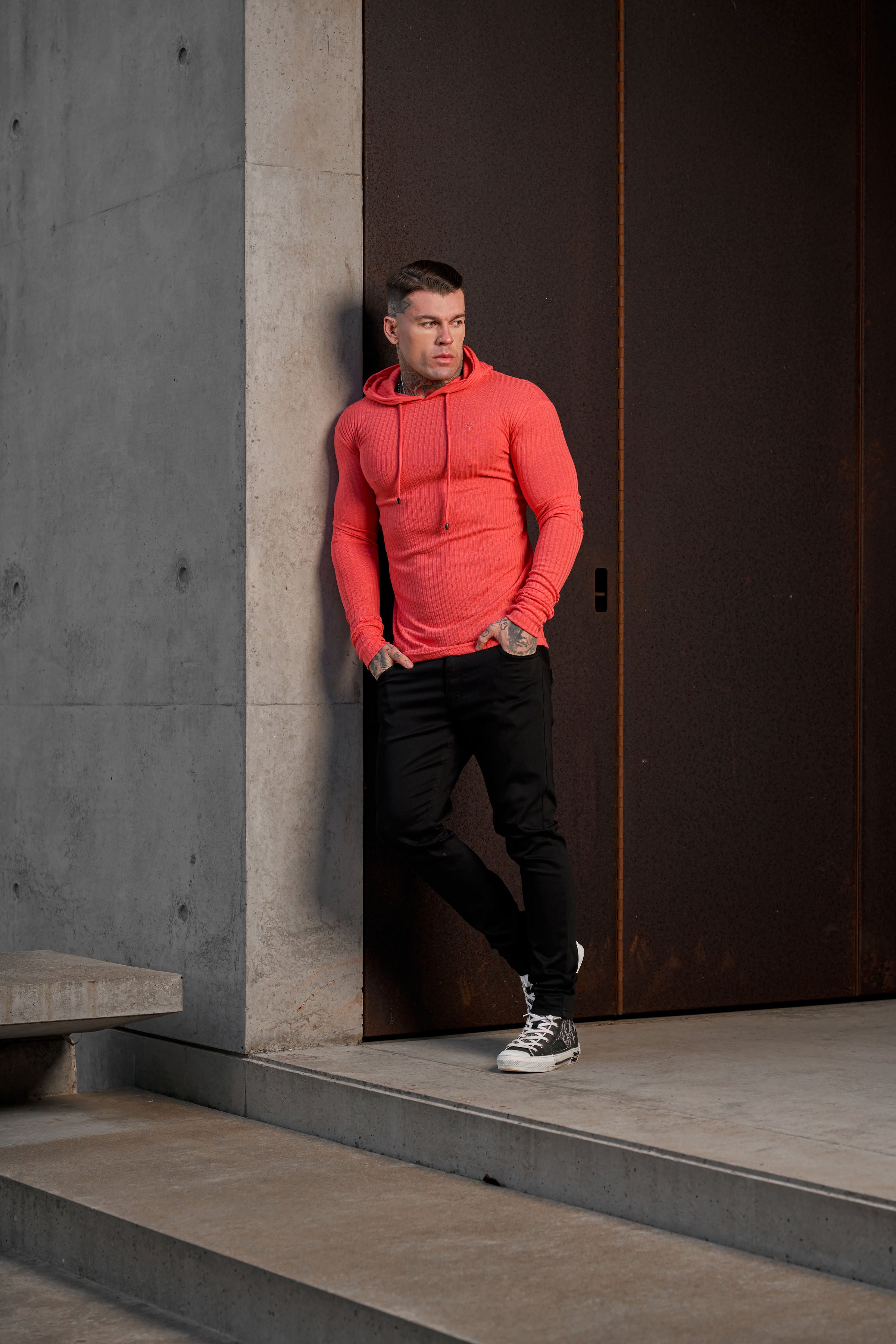 Classic Coral Ribbed Knit Hoodie Jumper - FSH909