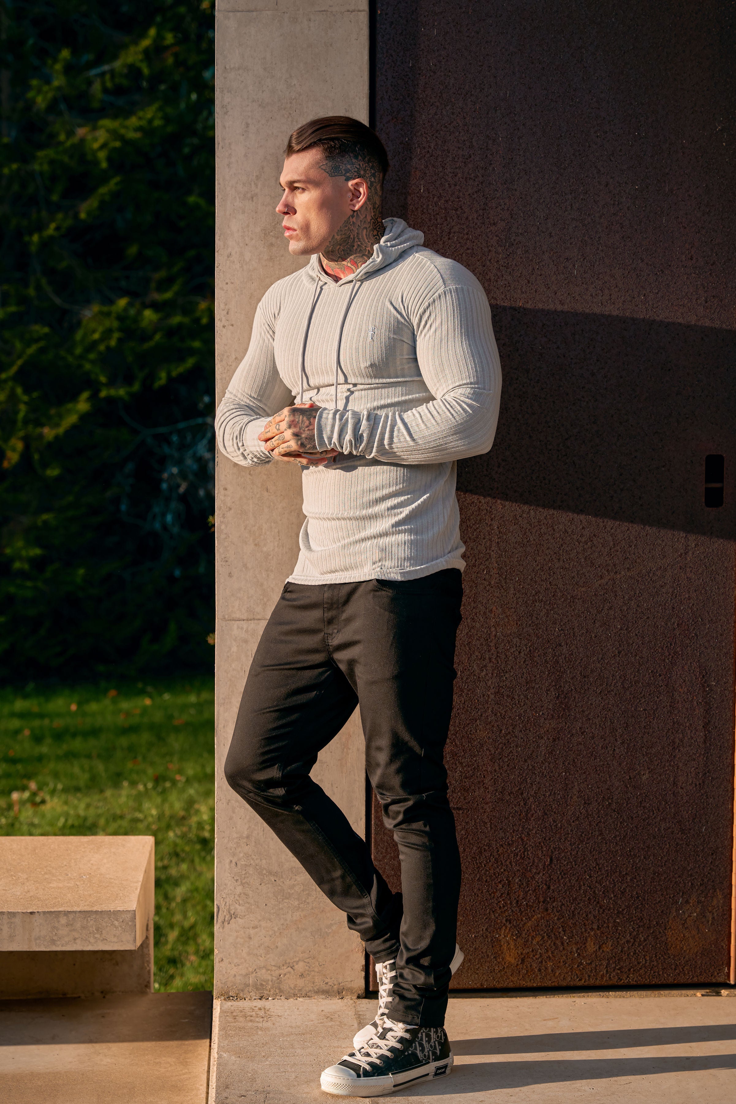 Classic Light Grey Ribbed Knit Hoodie Jumper - FSH905
