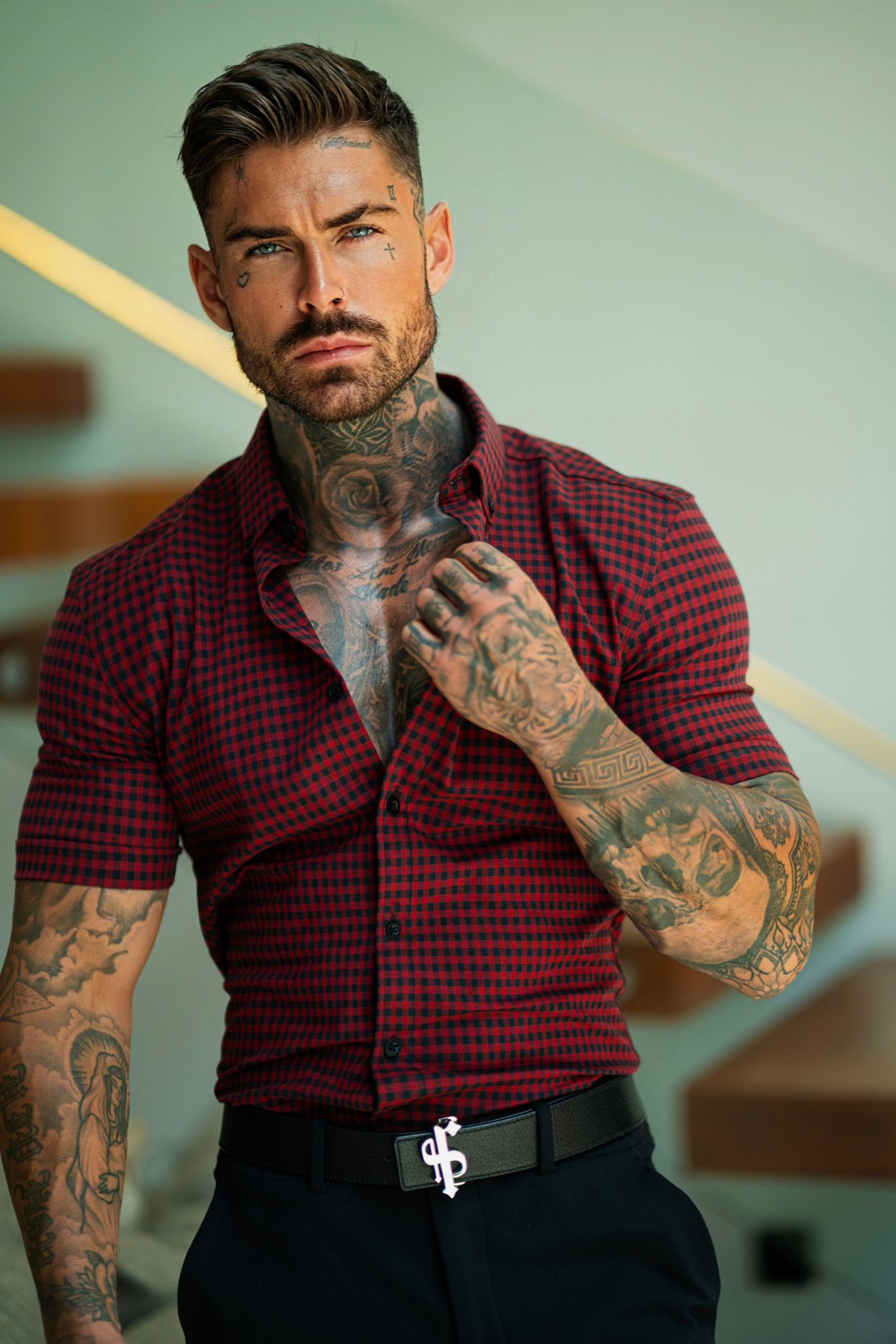 Super Slim Ultra Stretch Red & Black Check Short Sleeve - FS514