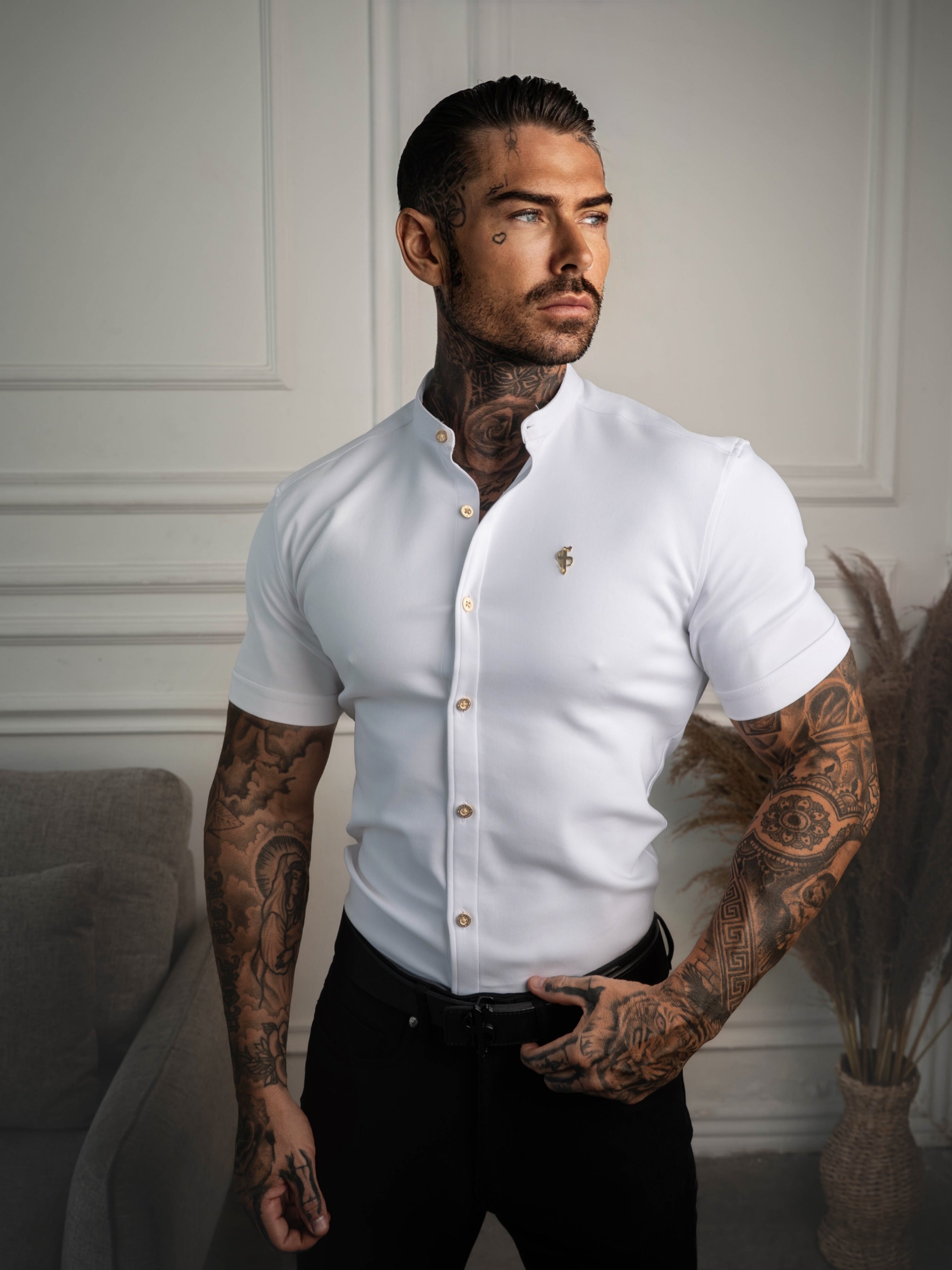 Super Slim SS White + Gold Scuba with Grandad Collar - FS1194