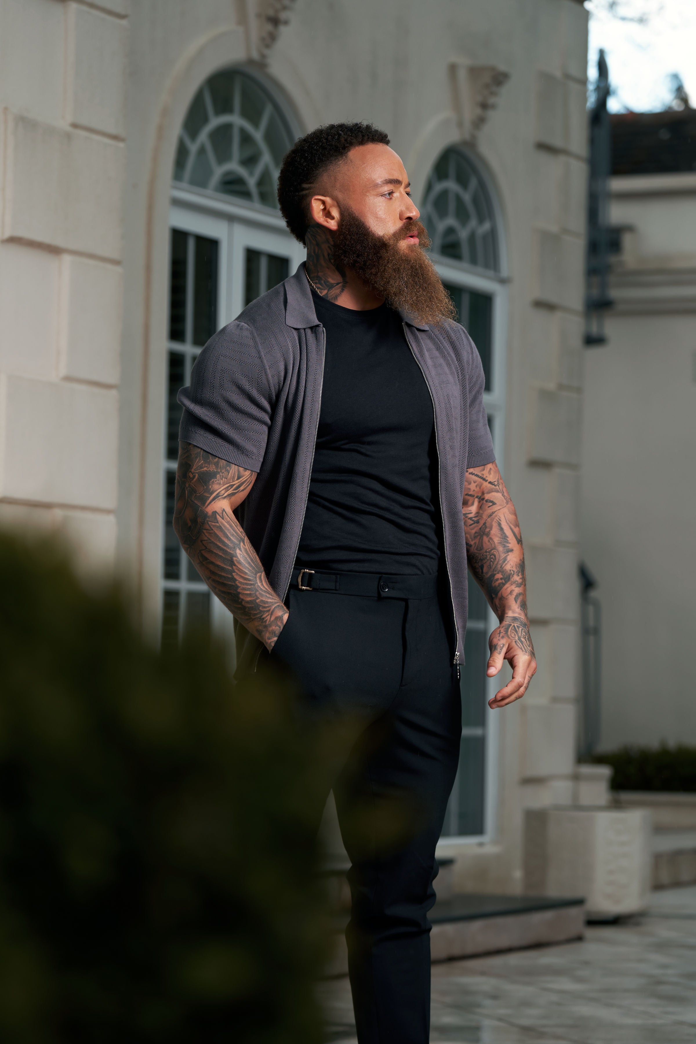 Classic Knitted Geo Design With Full Length Zip Gunmetal Short Sleeve - FSN150