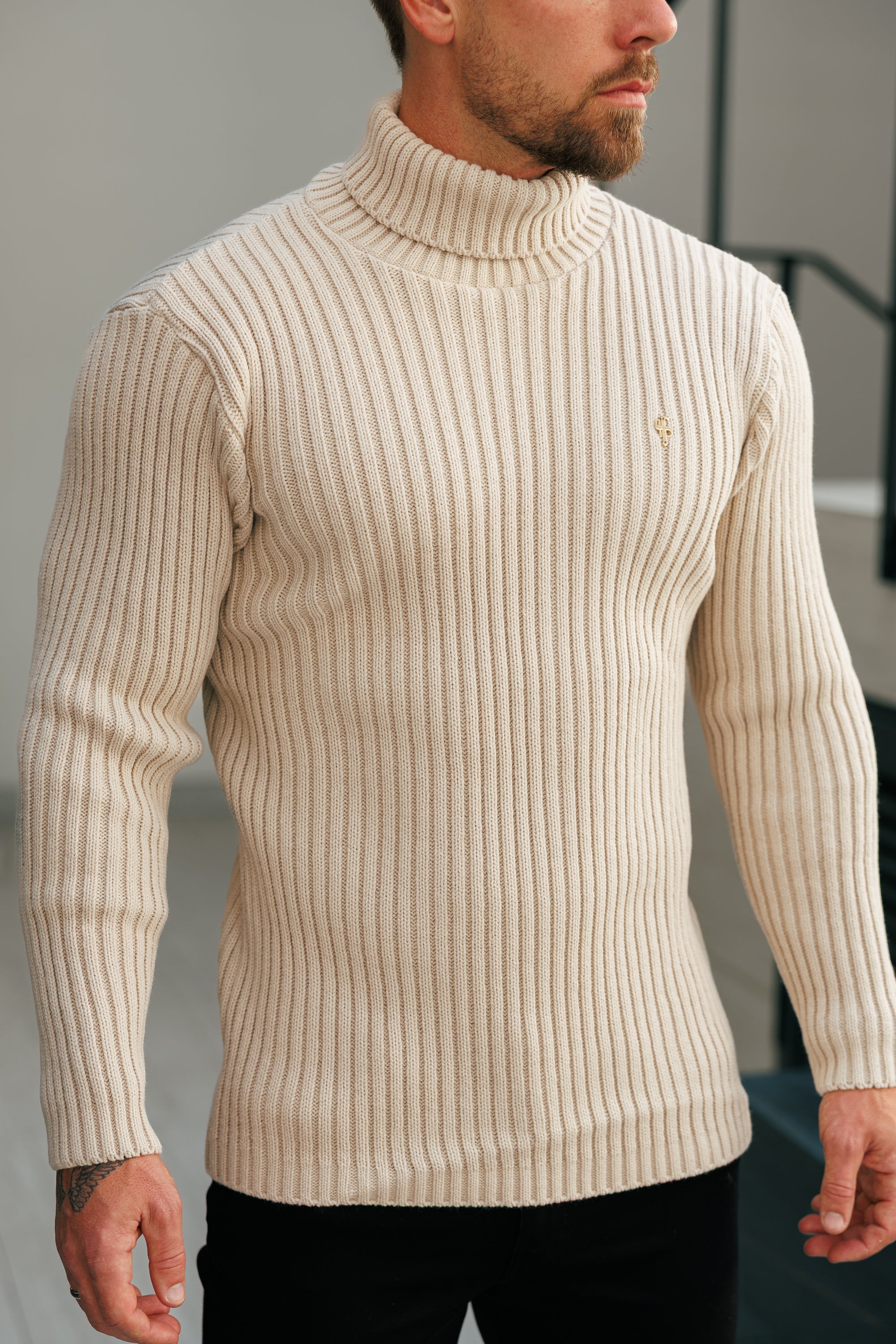 Ribbed Knit Beige Roll Neck Jumper - FSJ112