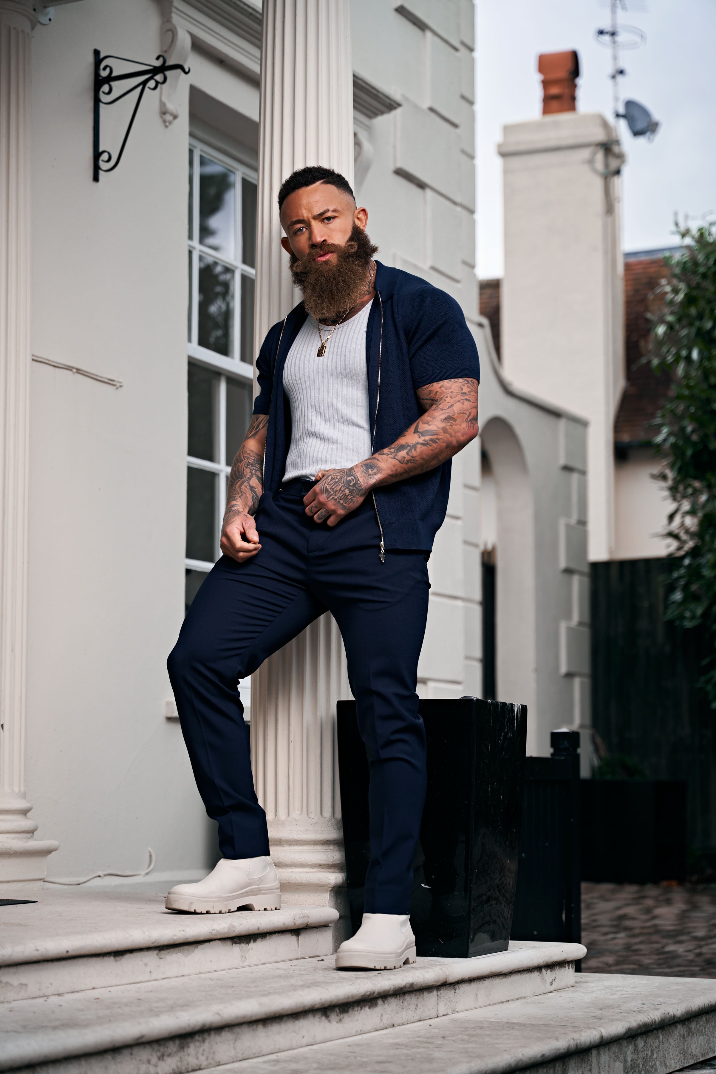 Classic Knitted Geo Design With Full Length Zip Navy Short Sleeve - FSN149