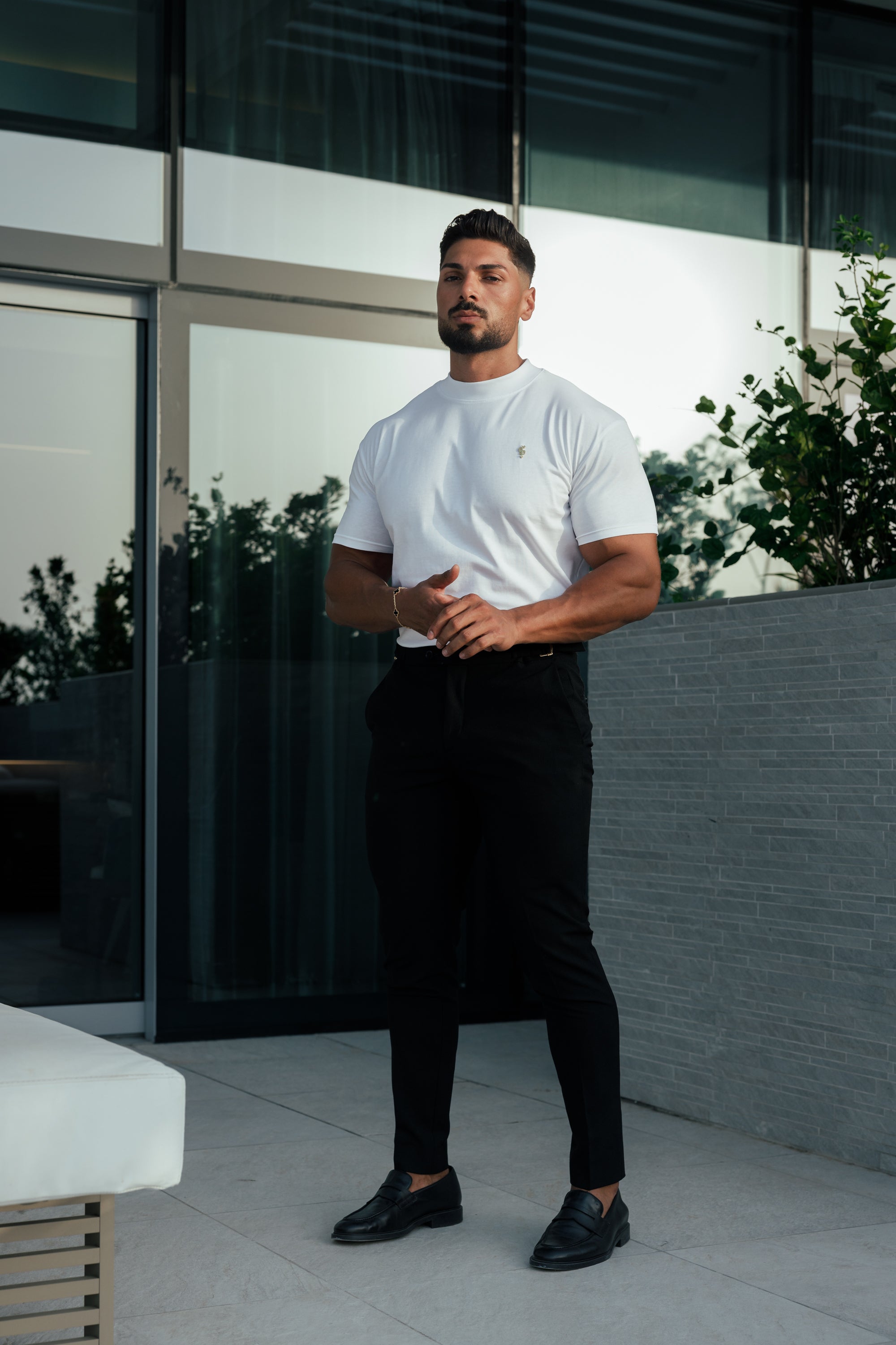 Ribbed High Neck Crew Short Sleeve White / Gold - FSH1006