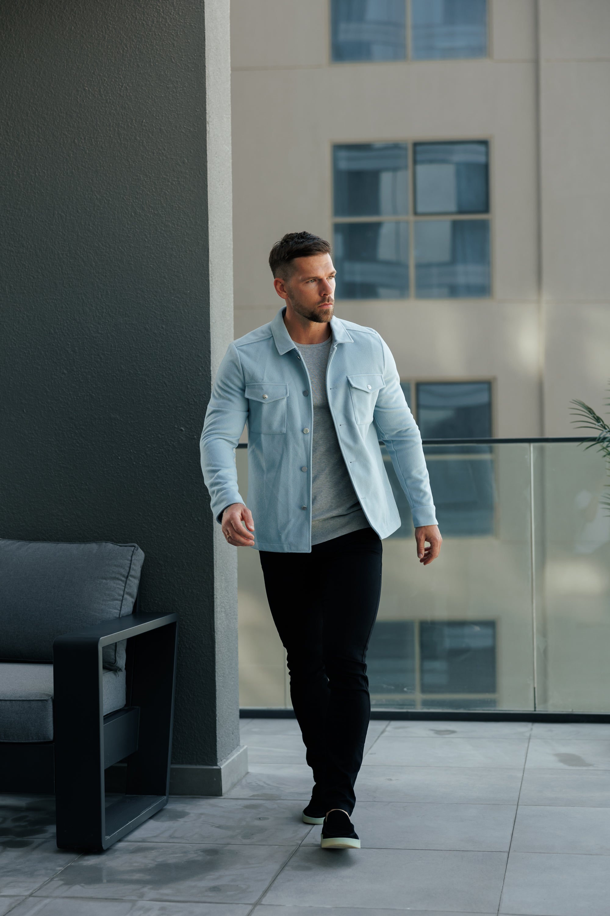 Brushed Button Up Plain Jacket Blue - FSN185