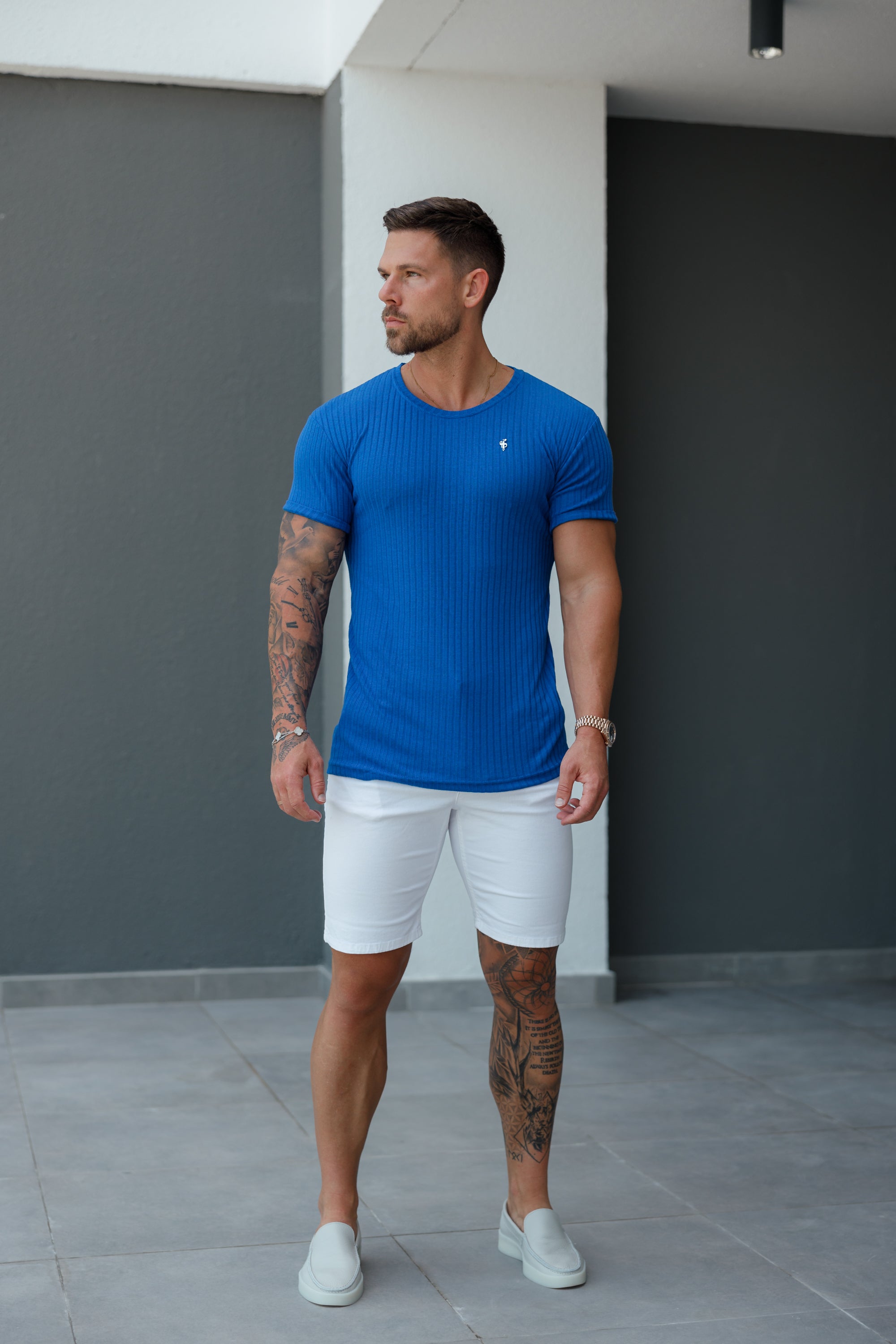 Classic Royal Blue / Silver Ribbed Knit Super Slim Short Sleeve Crew - FSH1091