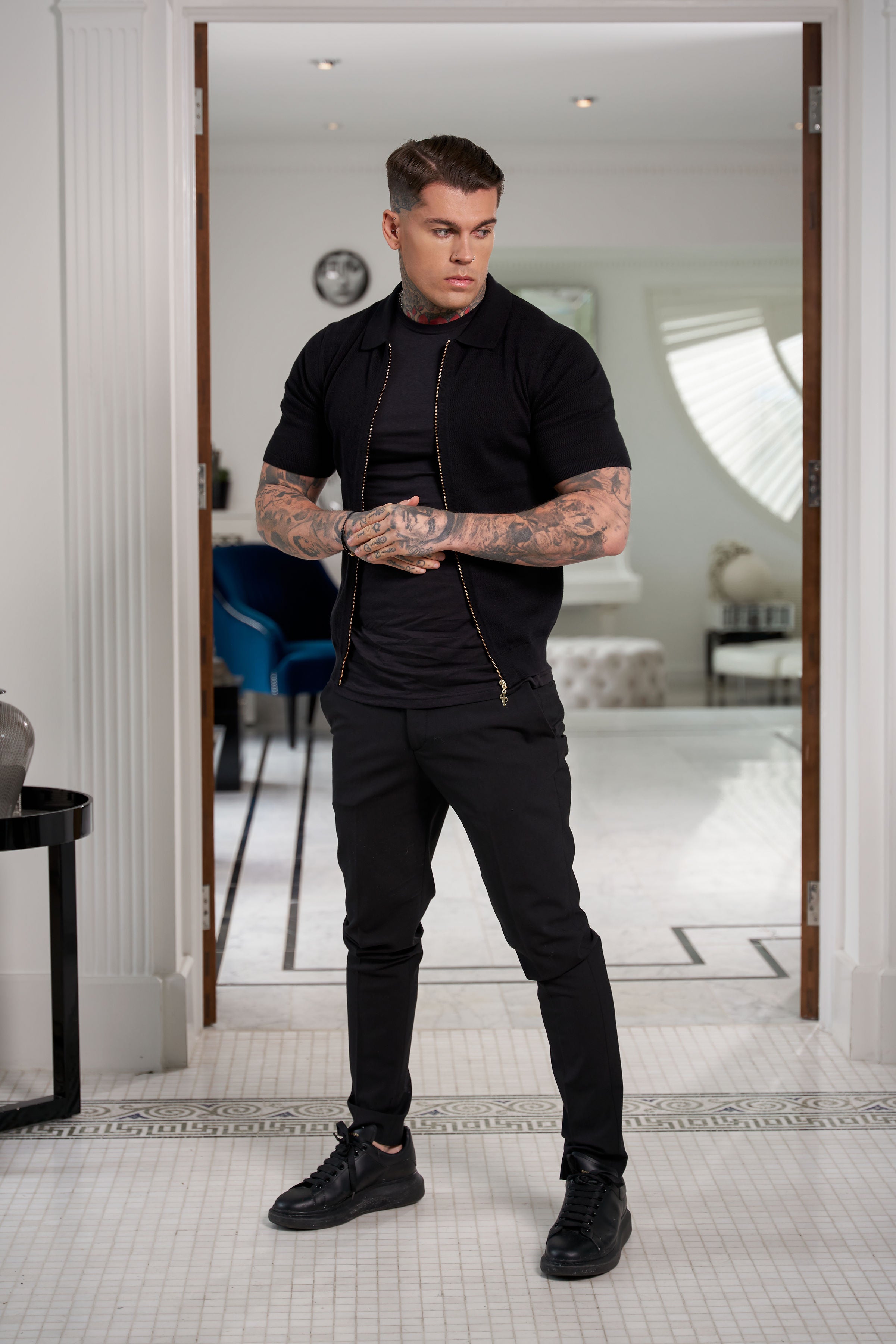 Classic Knitted Textured Design With Full Length Zip Black Short Sleeve - FSN151