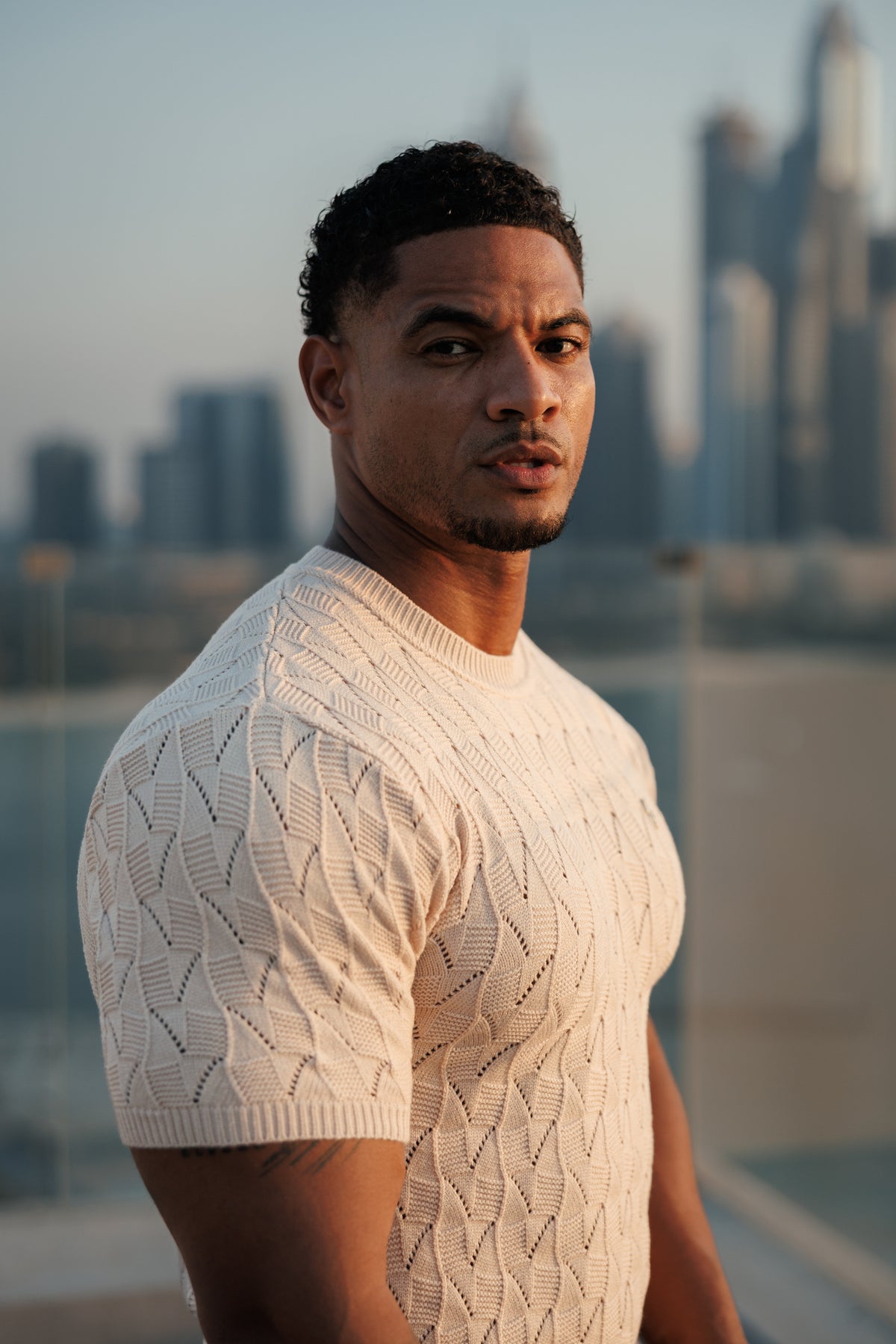 Beige Wave Weave Knit Short Sleeve Sleeve T-Shirt - FSJ171