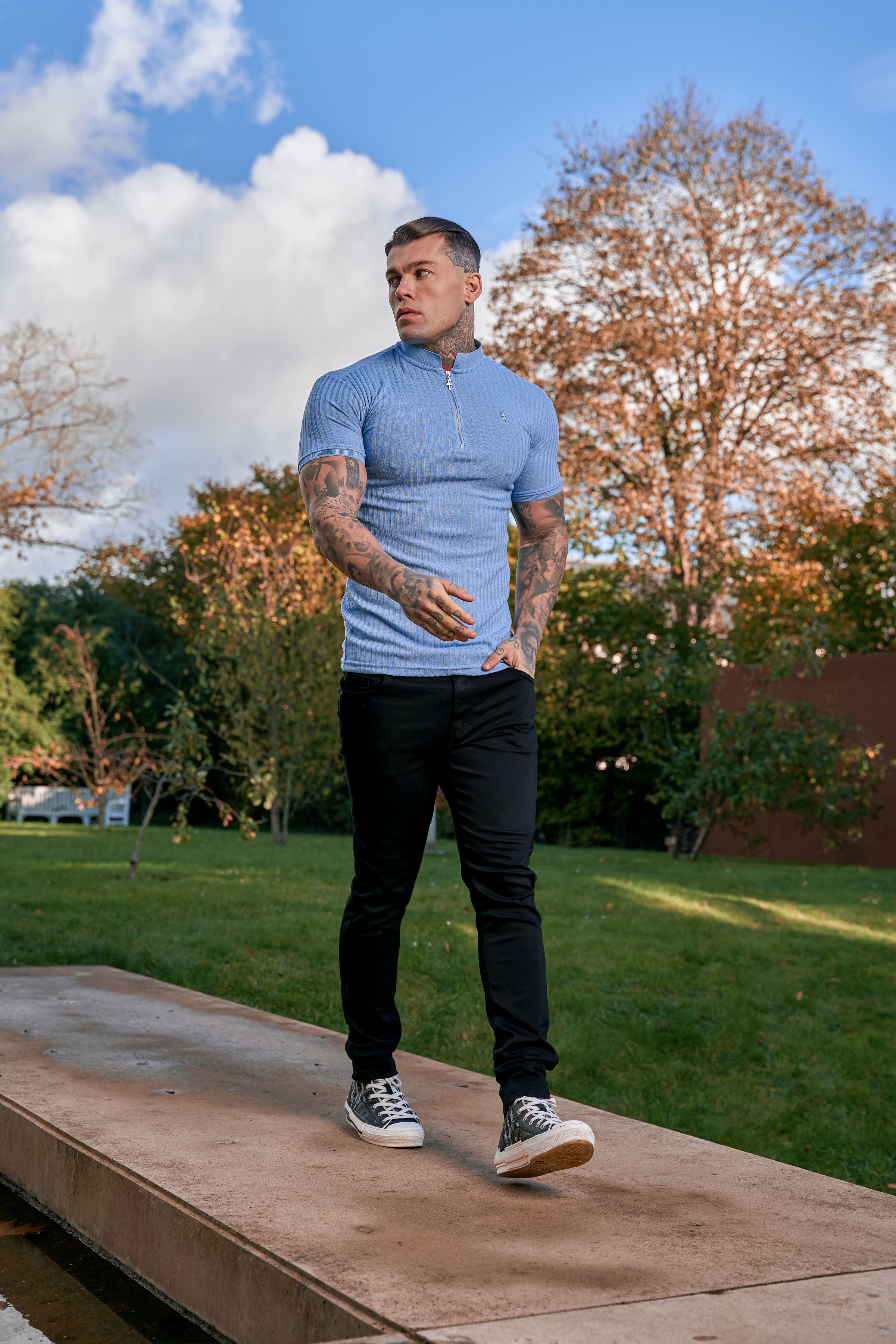 Classic Baby Blue Ribbed Silver Zip Grandad Collar Shirt Short Sleeve - FSH919
