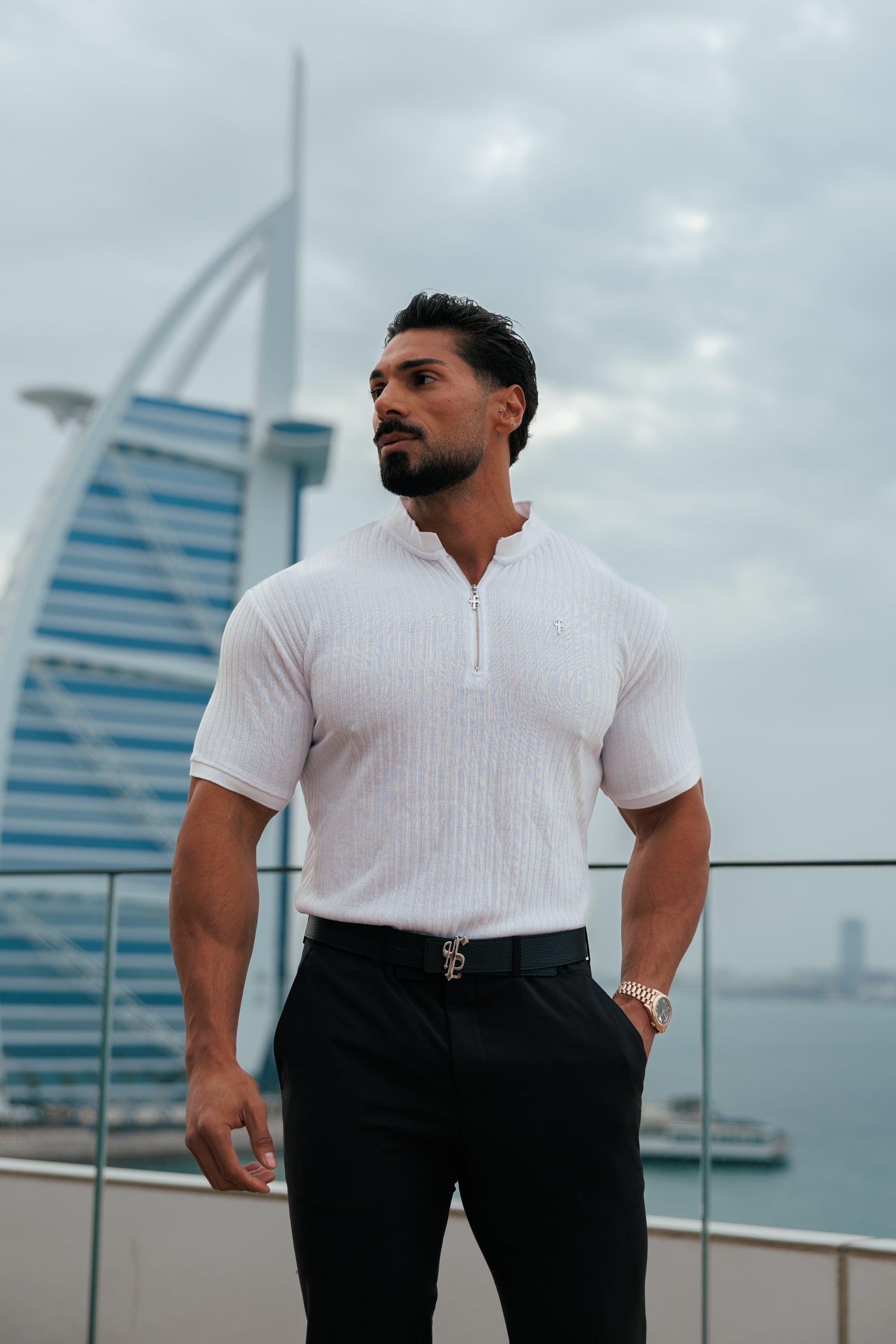 Classic White / Silver Ribbed Zip Grandad Collar Shirt Short Sleeve - FSH1447