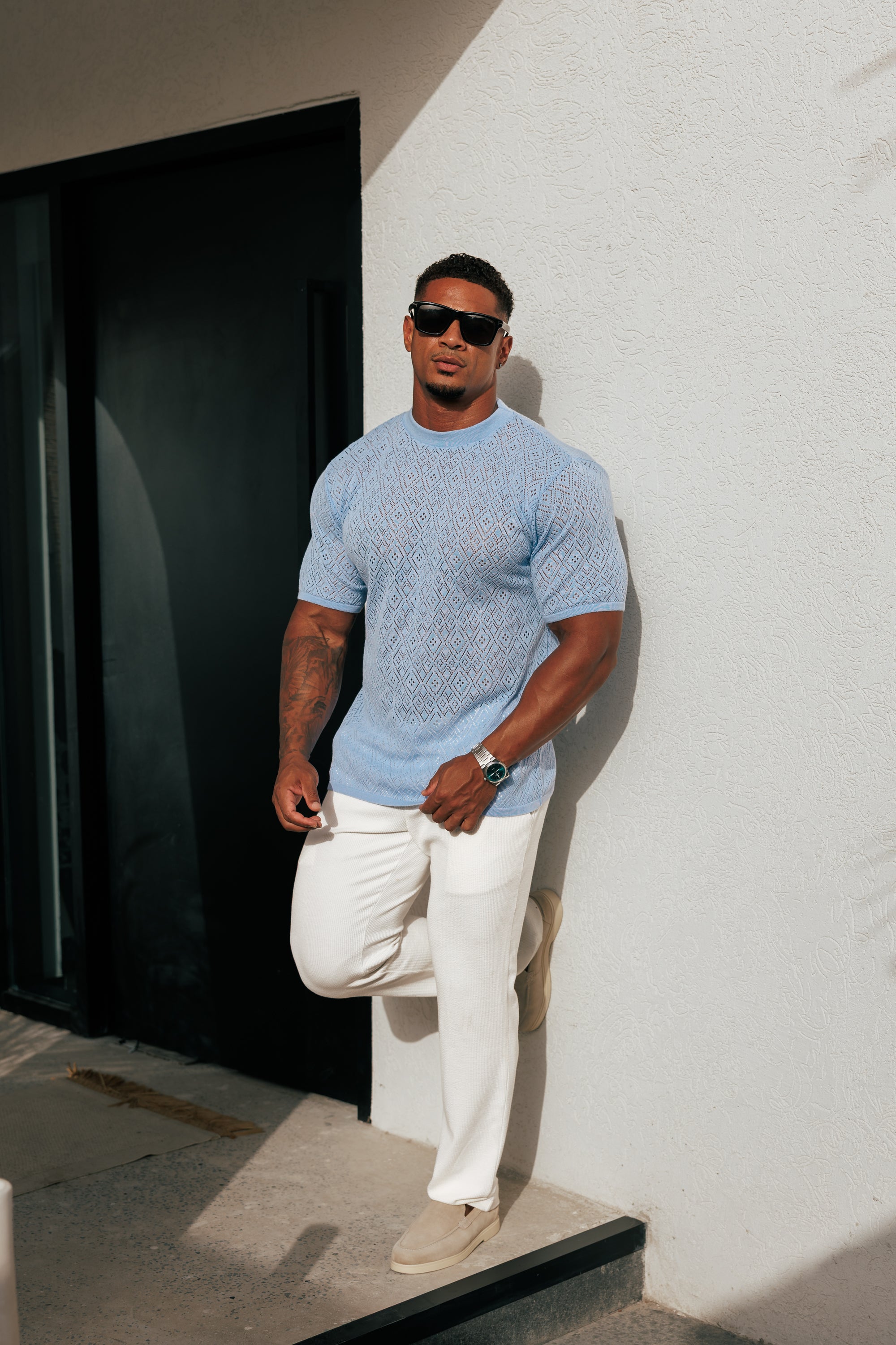 Crochet Crew T-Shirt Blue Short Sleeve - FSJ088