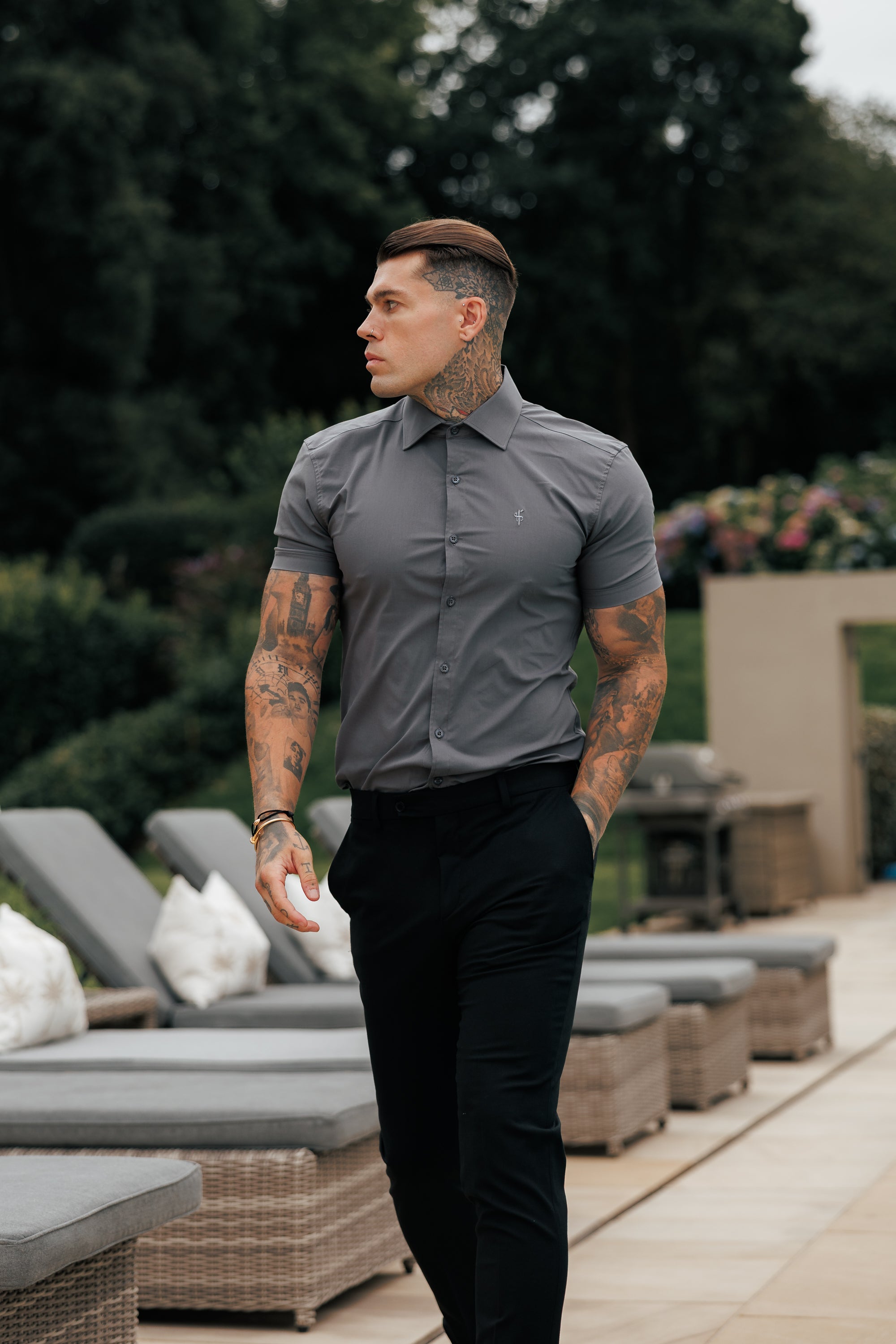 Muscle Fit Advanced Stretch Charcoal Short Sleeve with Cutaway Collar - FS1206