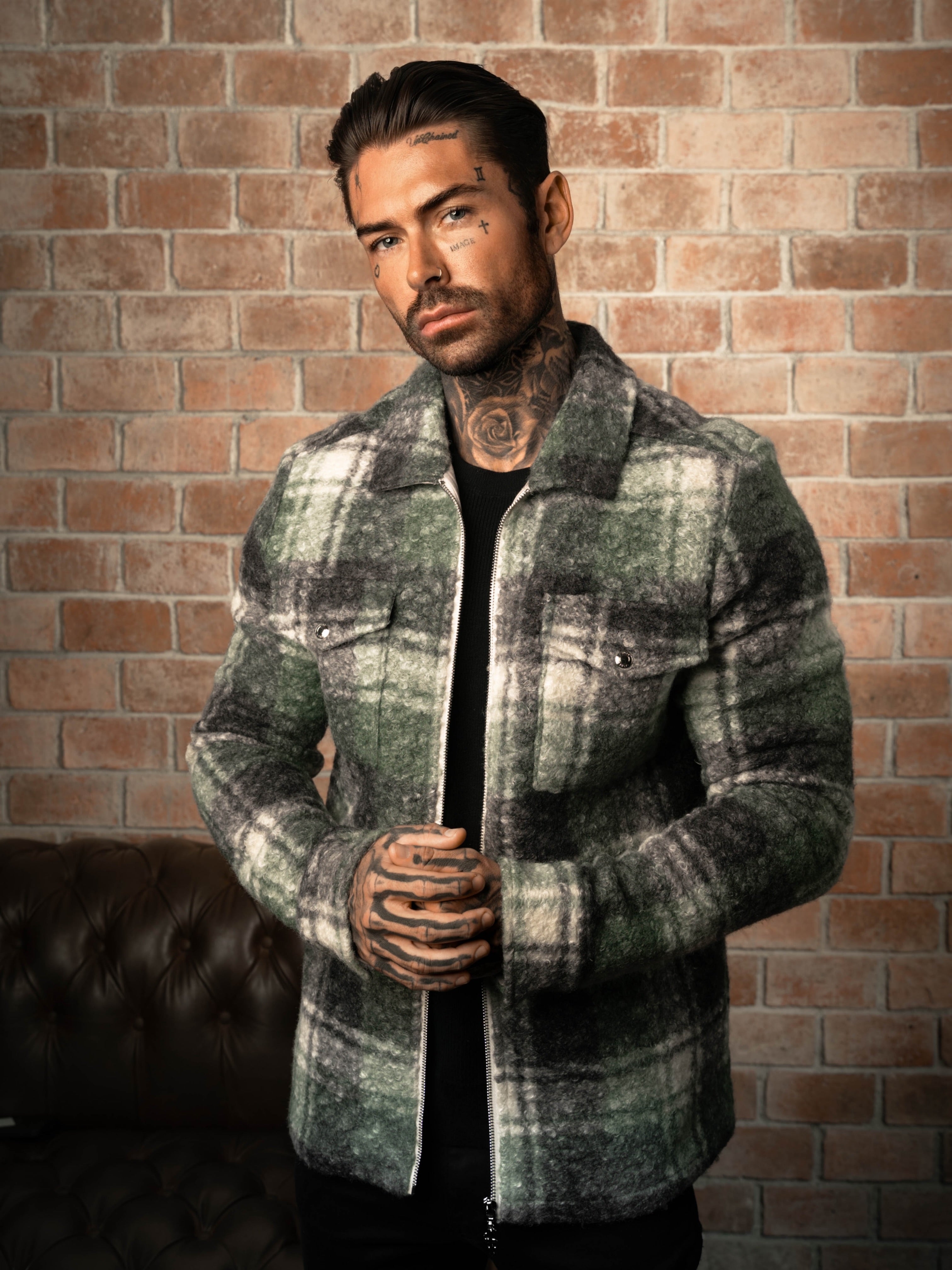 Boucle Zipped Check Jacket Green - FSN156