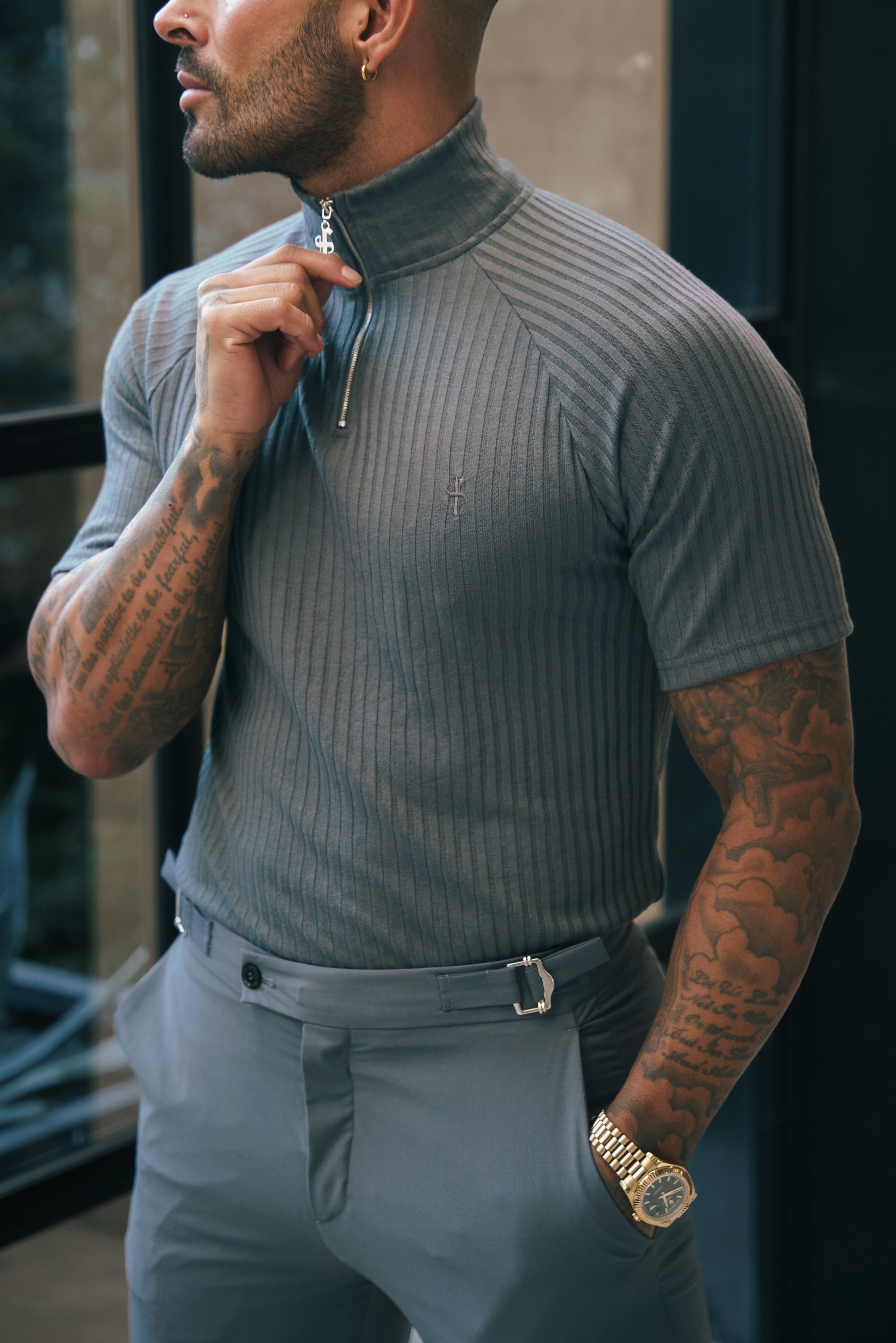 Classic Charcoal Ribbed Zip Funnel Neck Raglan Short Sleeve Crew - FSH1288