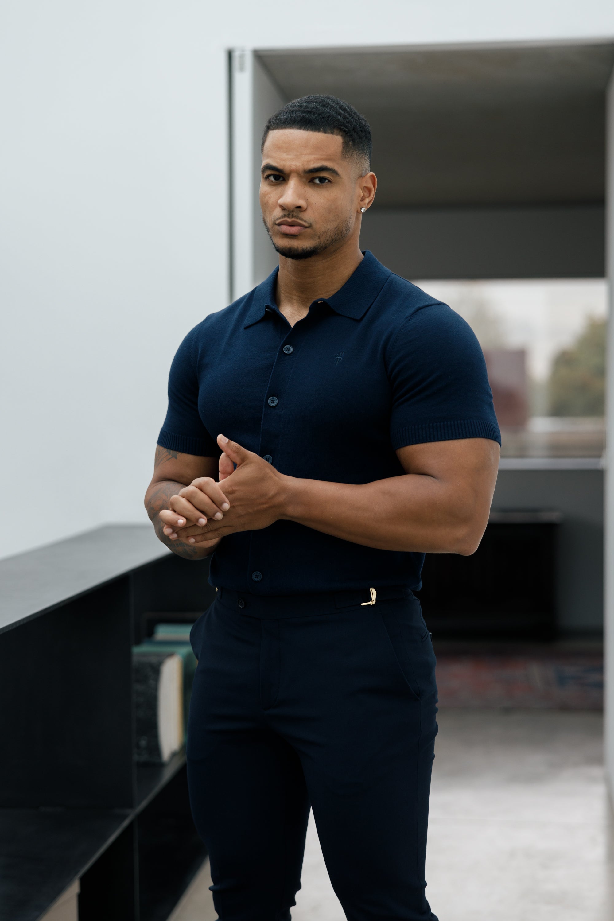 Classic Plain Navy Knitted Button Through Polo Short Sleeve - FSN103