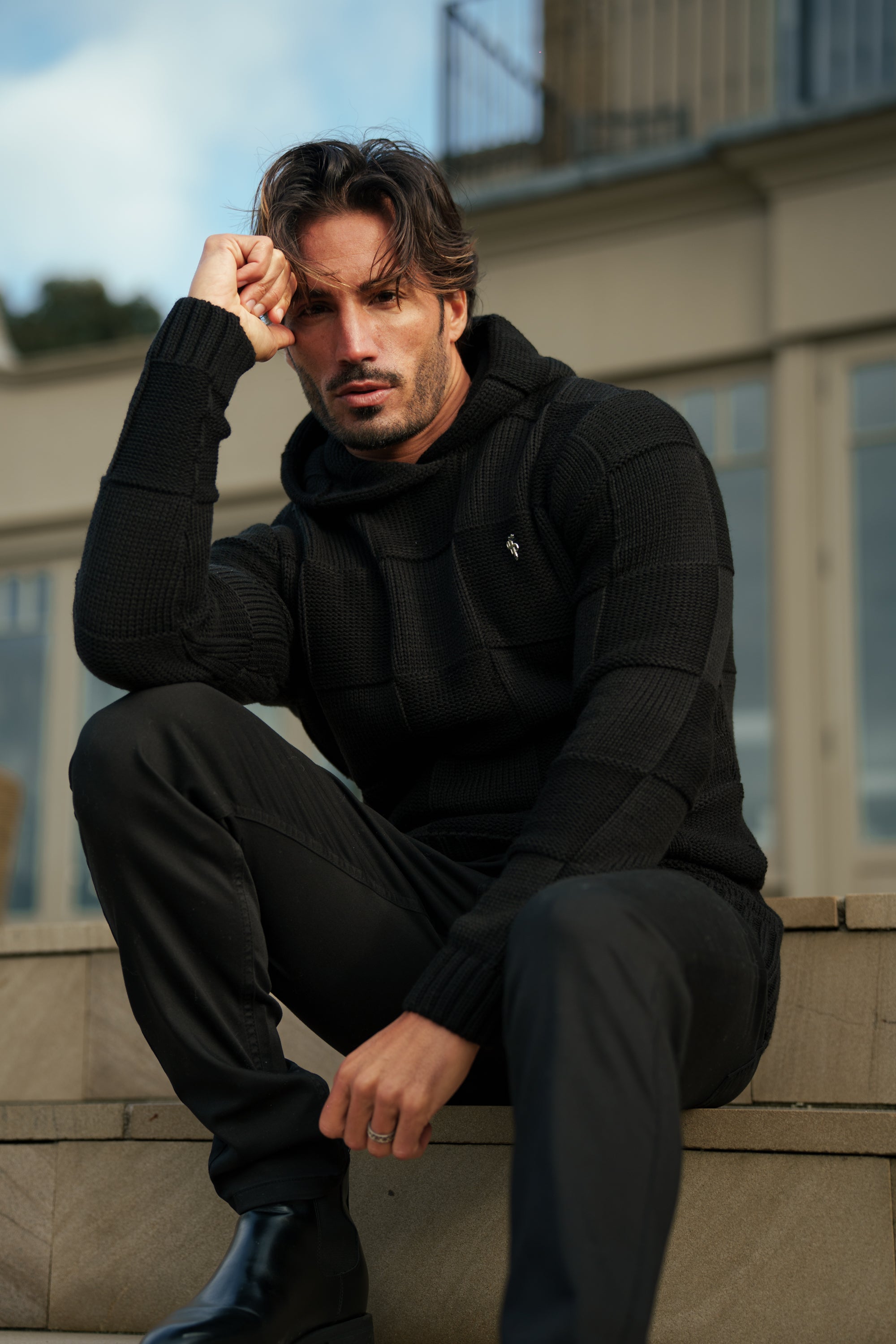 Black Checkerboard Knitted Hoodie - FSJ135