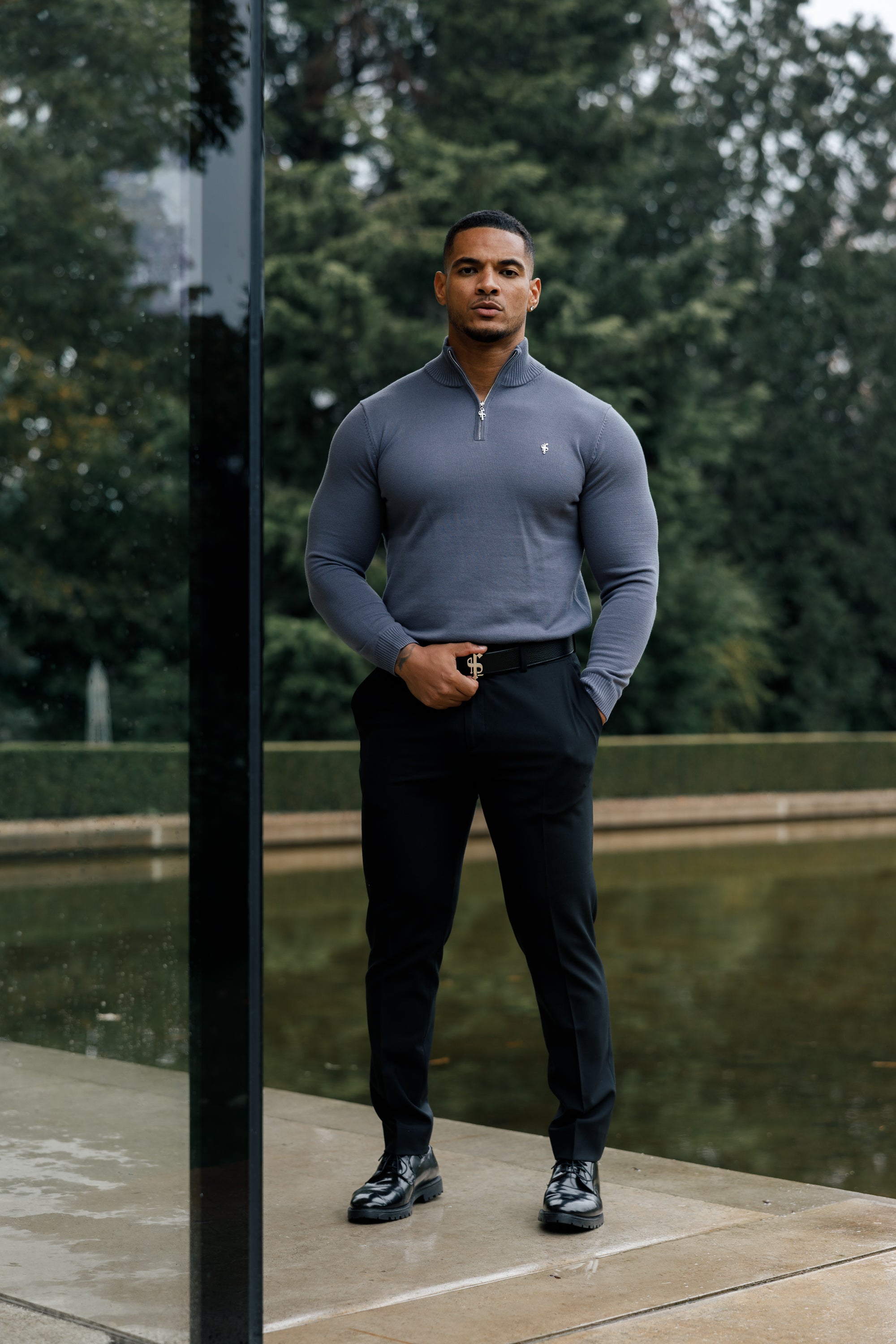Gunmetal Funnel Neck 1/2 Zip Knitted Jumper - FSN120