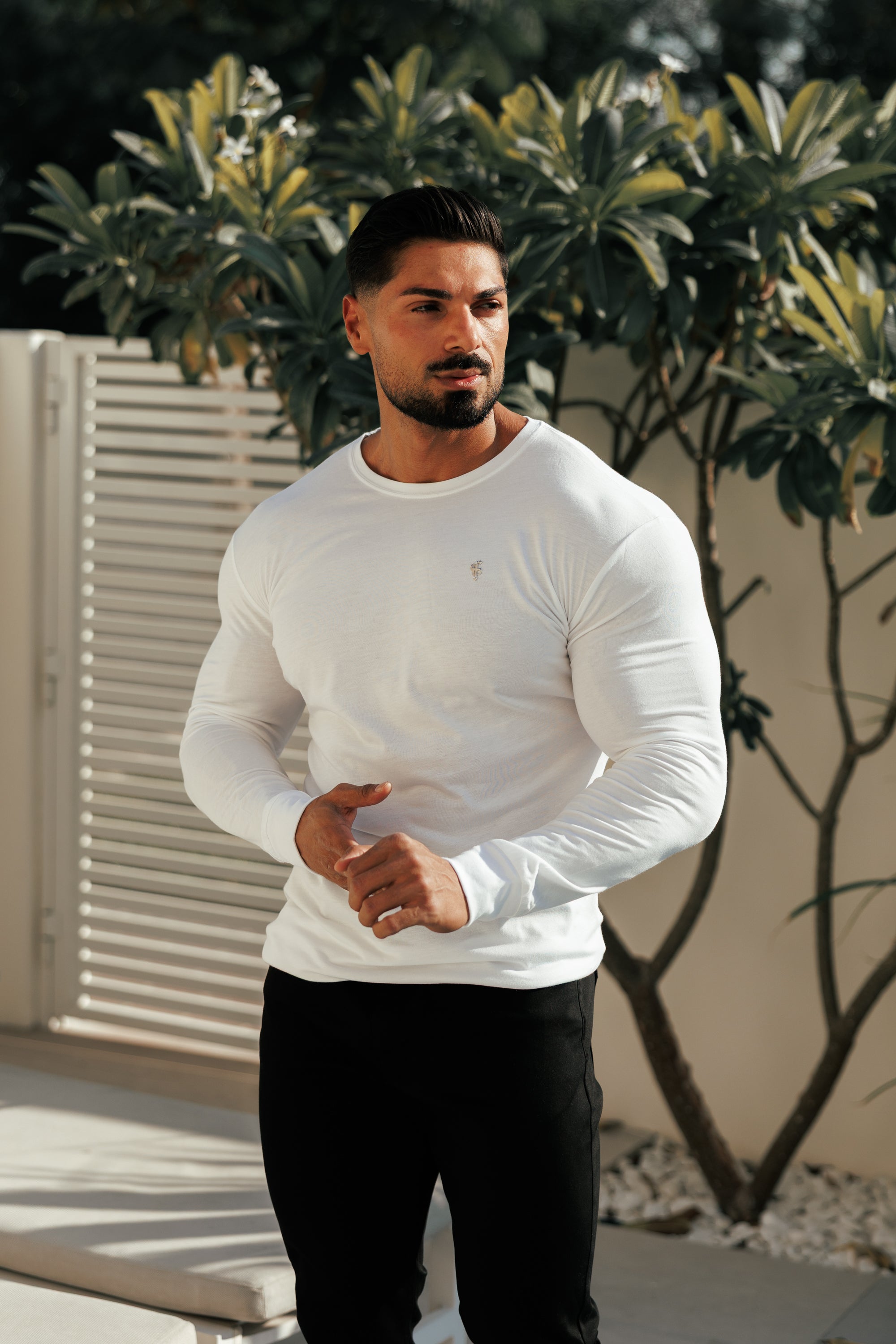 White / Silver Bamboo Crew T-Shirt Long Sleeve - FSH1416