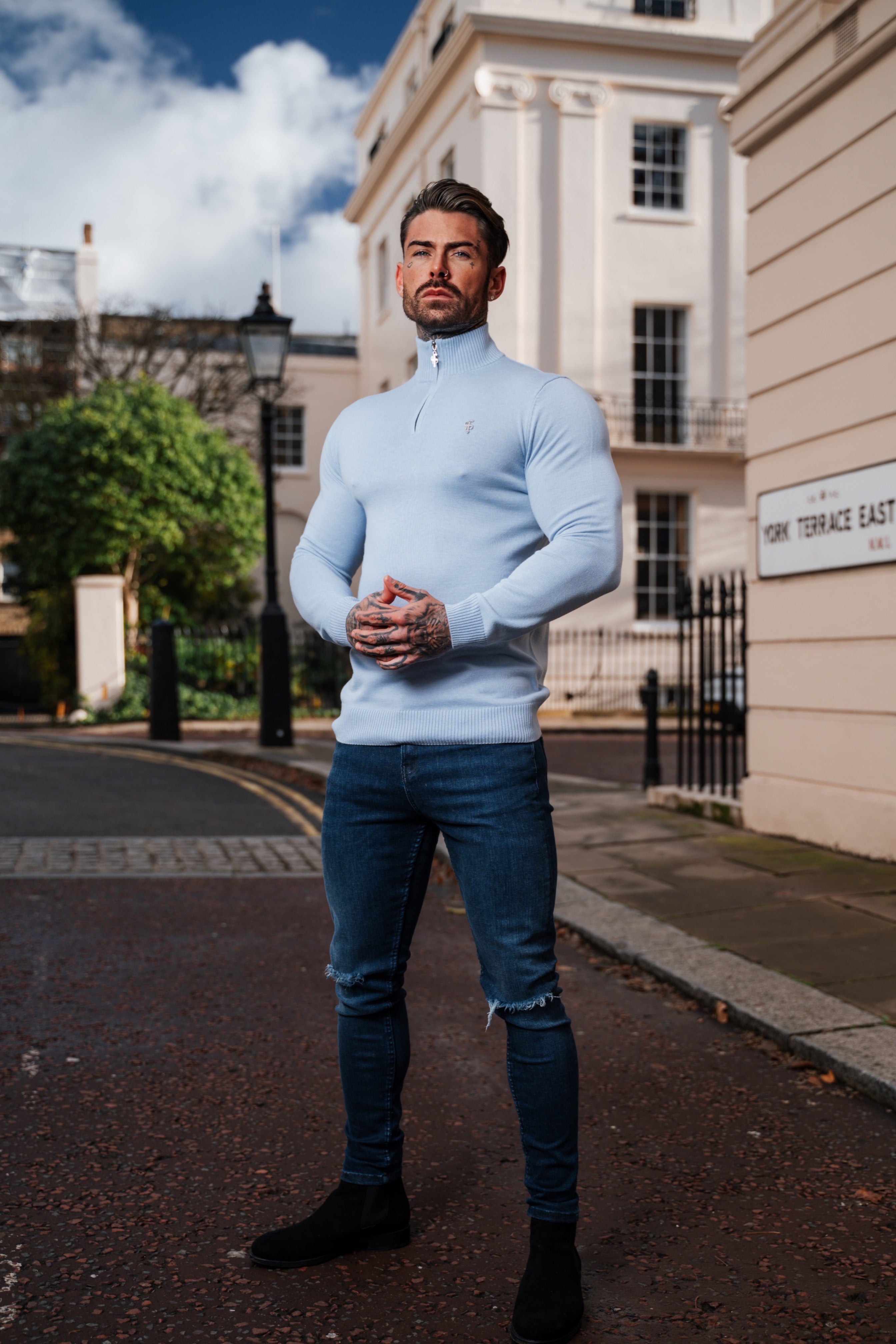Light Blue Funnel Neck 1/2 Zip Knitted Jumper - FSN119