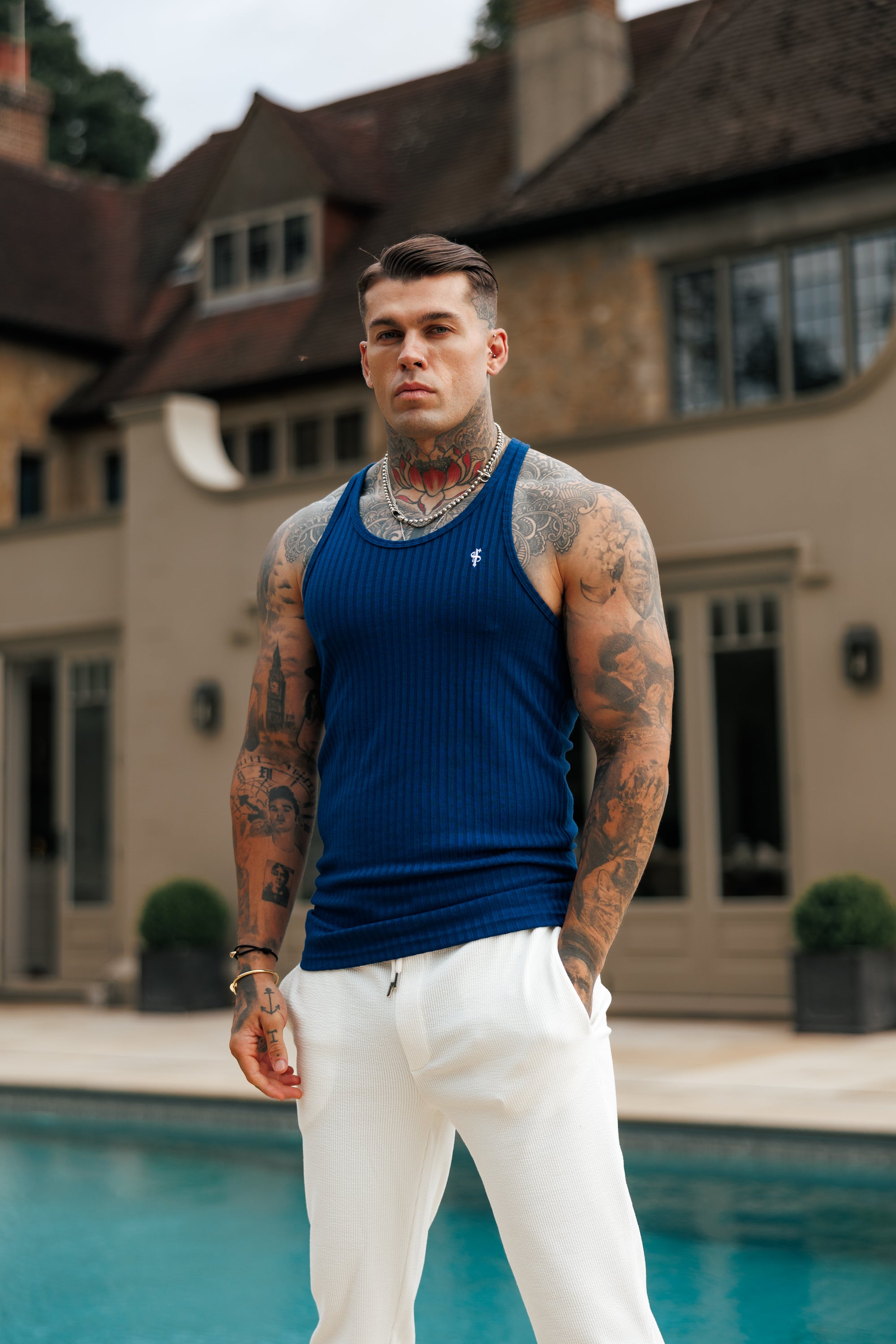 New Navy / White Ribbed Knit Super Slim Vest - FSH1328