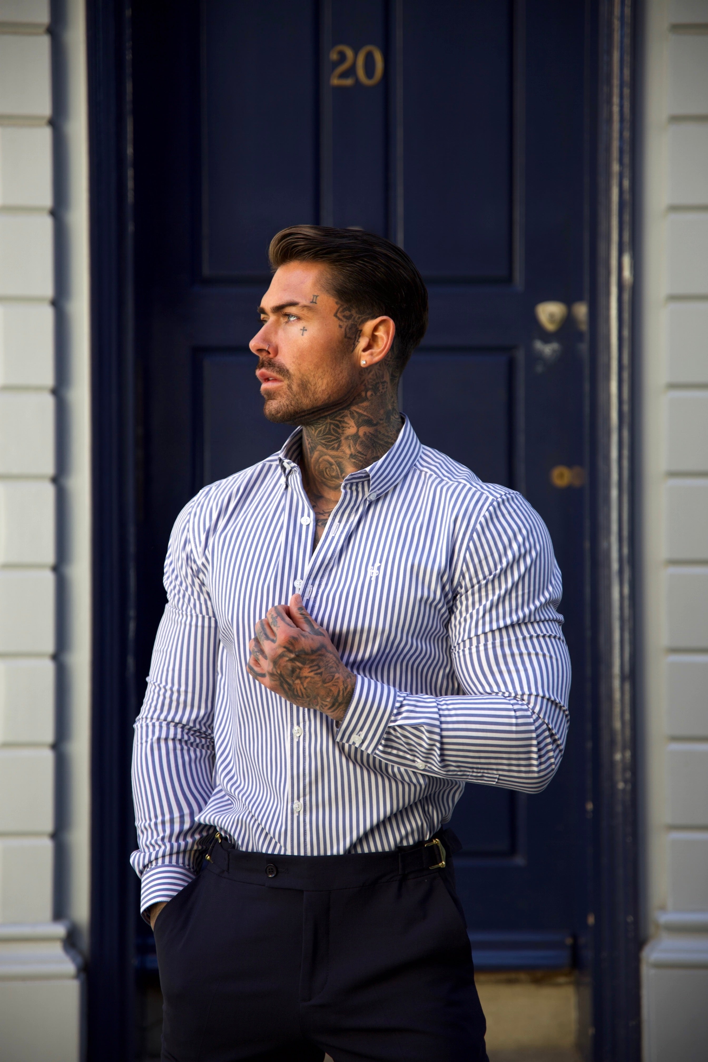 Classic Navy and White Single Woven Stripe Long Sleeve - FS981