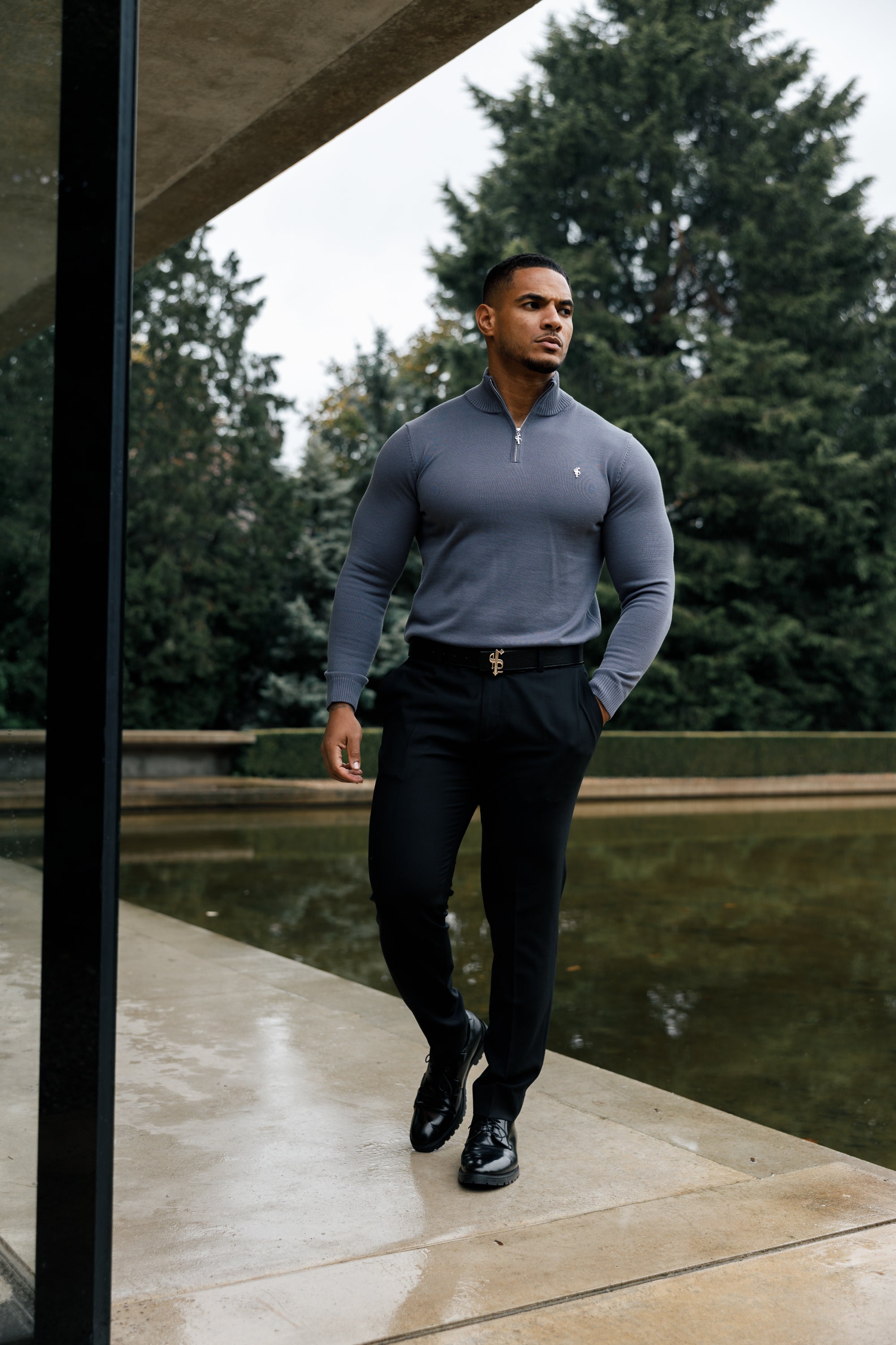 Gunmetal Funnel Neck 1/2 Zip Knitted Jumper - FSN120