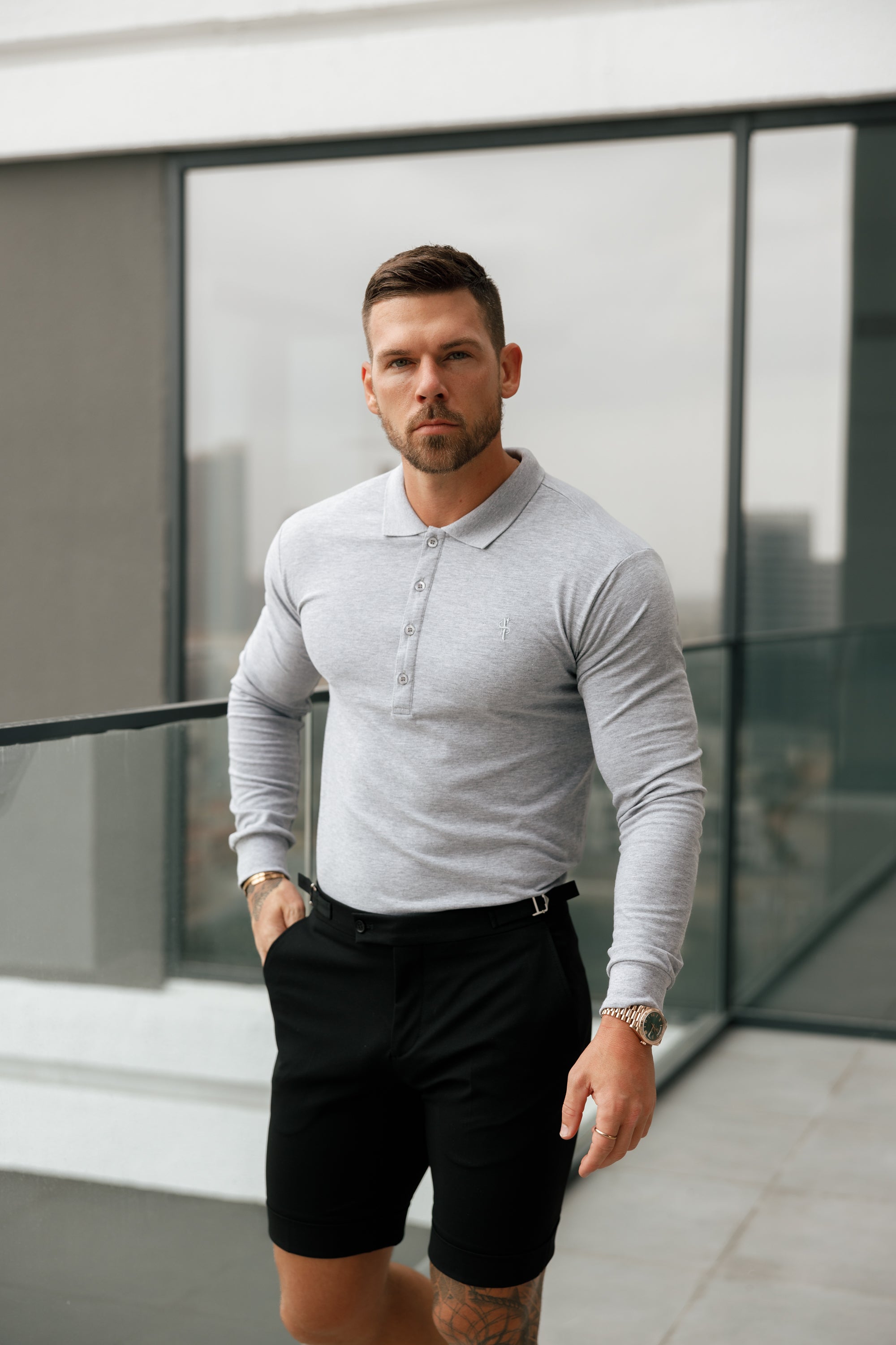 Classic Light Grey Tonal Polo Long Sleeve Shirt - FSH859