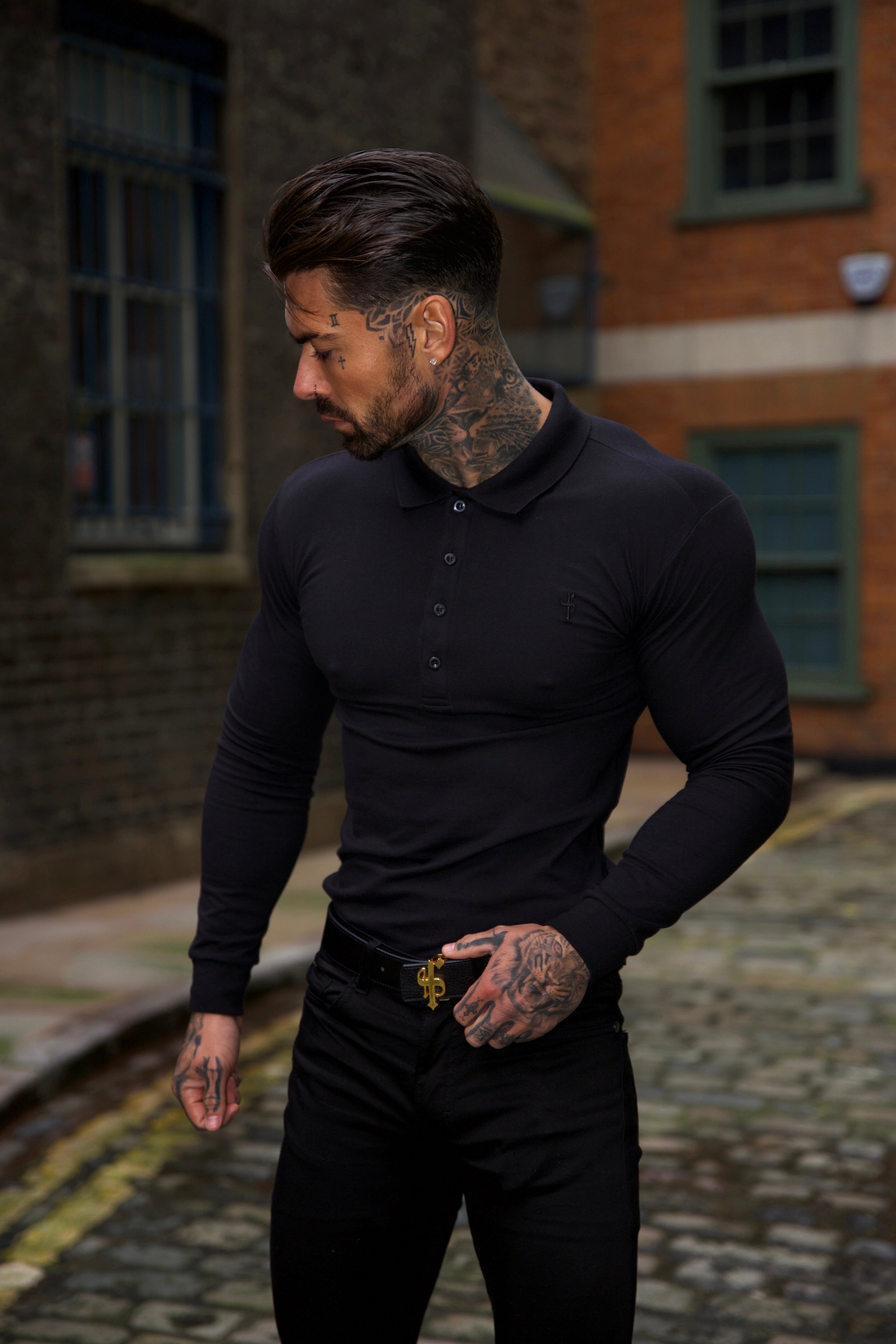 Classic Black Tonal Polo Long Sleeve Shirt - FSH857