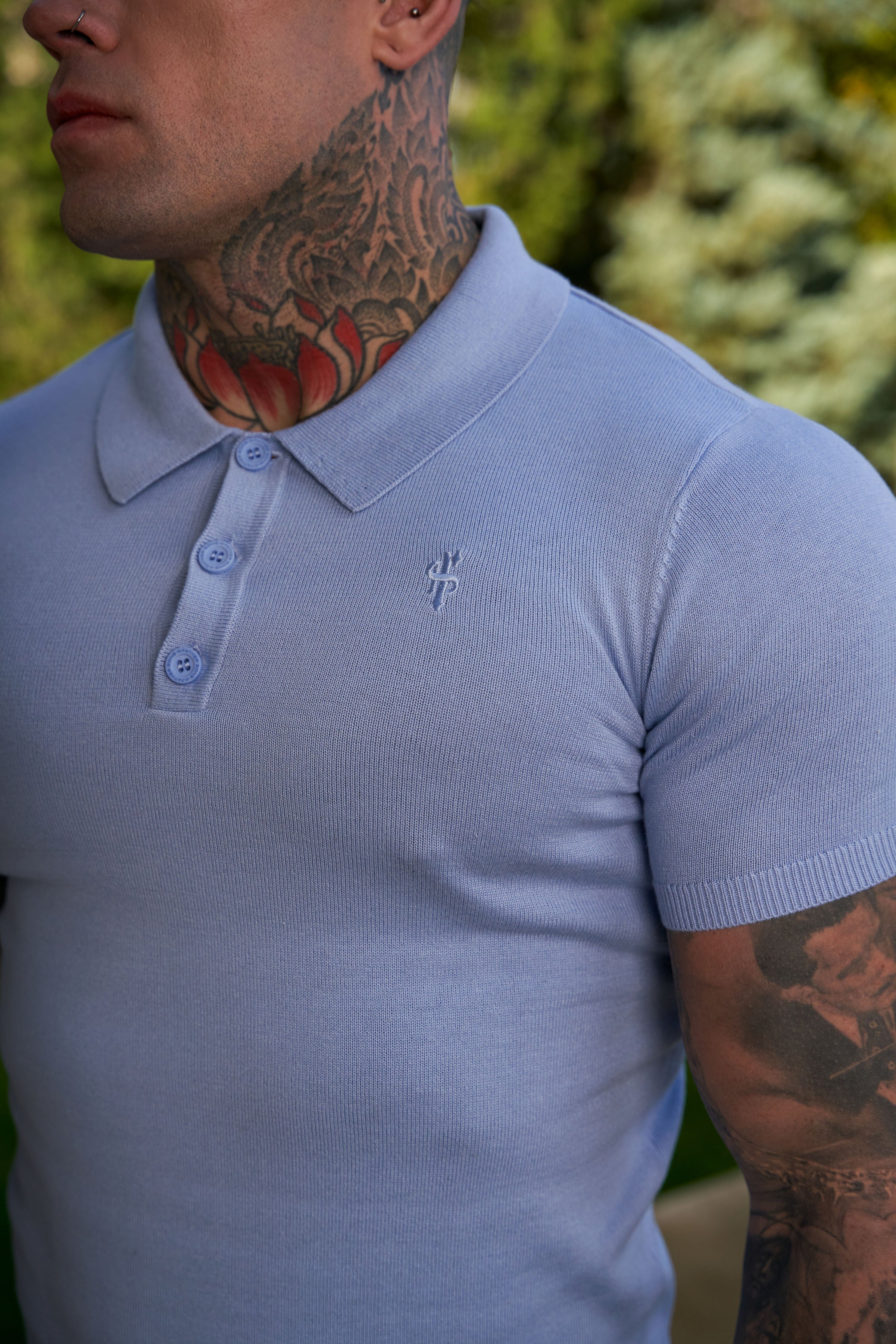 Classic Pale Blue Knitted Polo Jumper Short Sleeve With Tonal FS Embroidery- FSN146